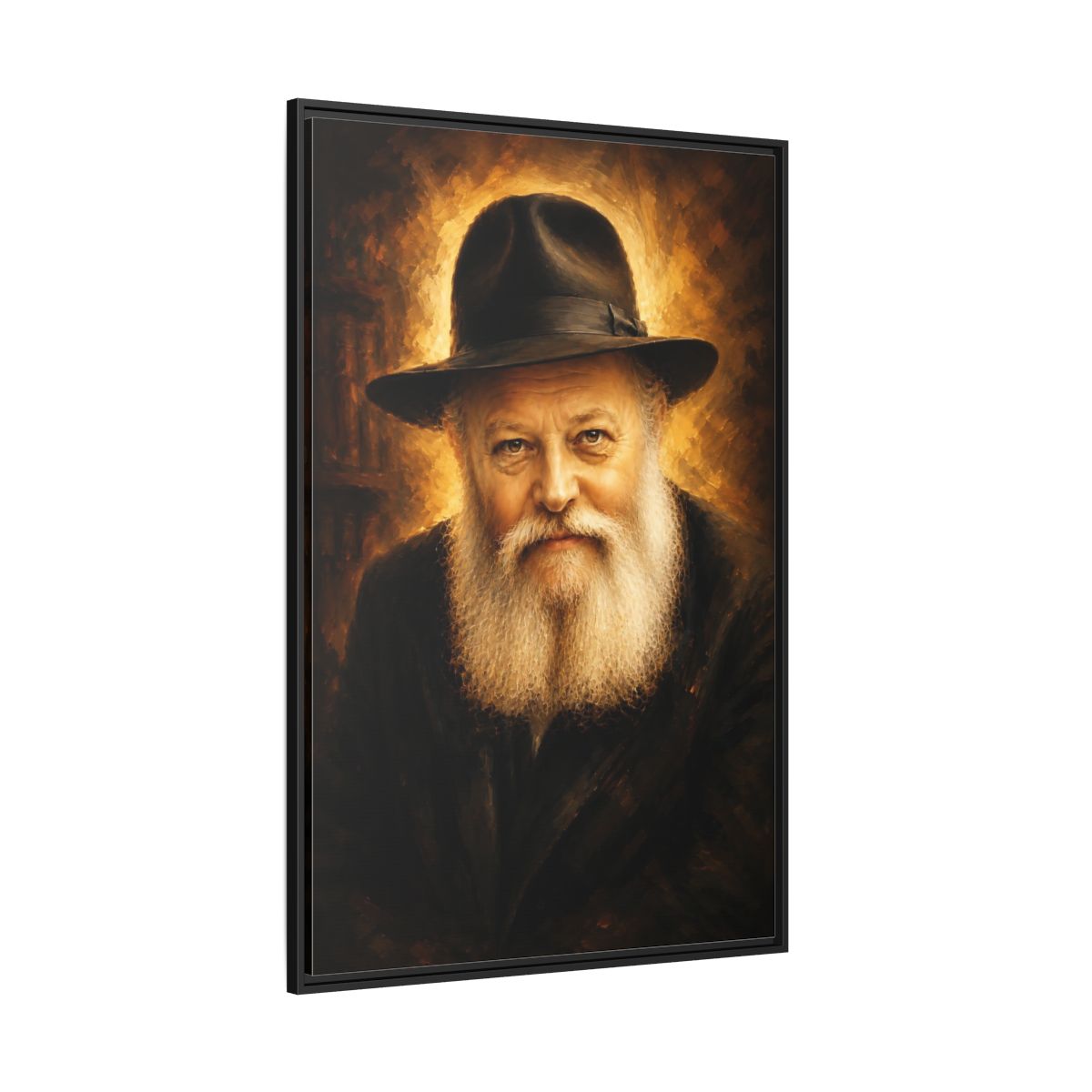 Side Mockup 12. Religious Rabbi Gold And Black shown as framed canvas print