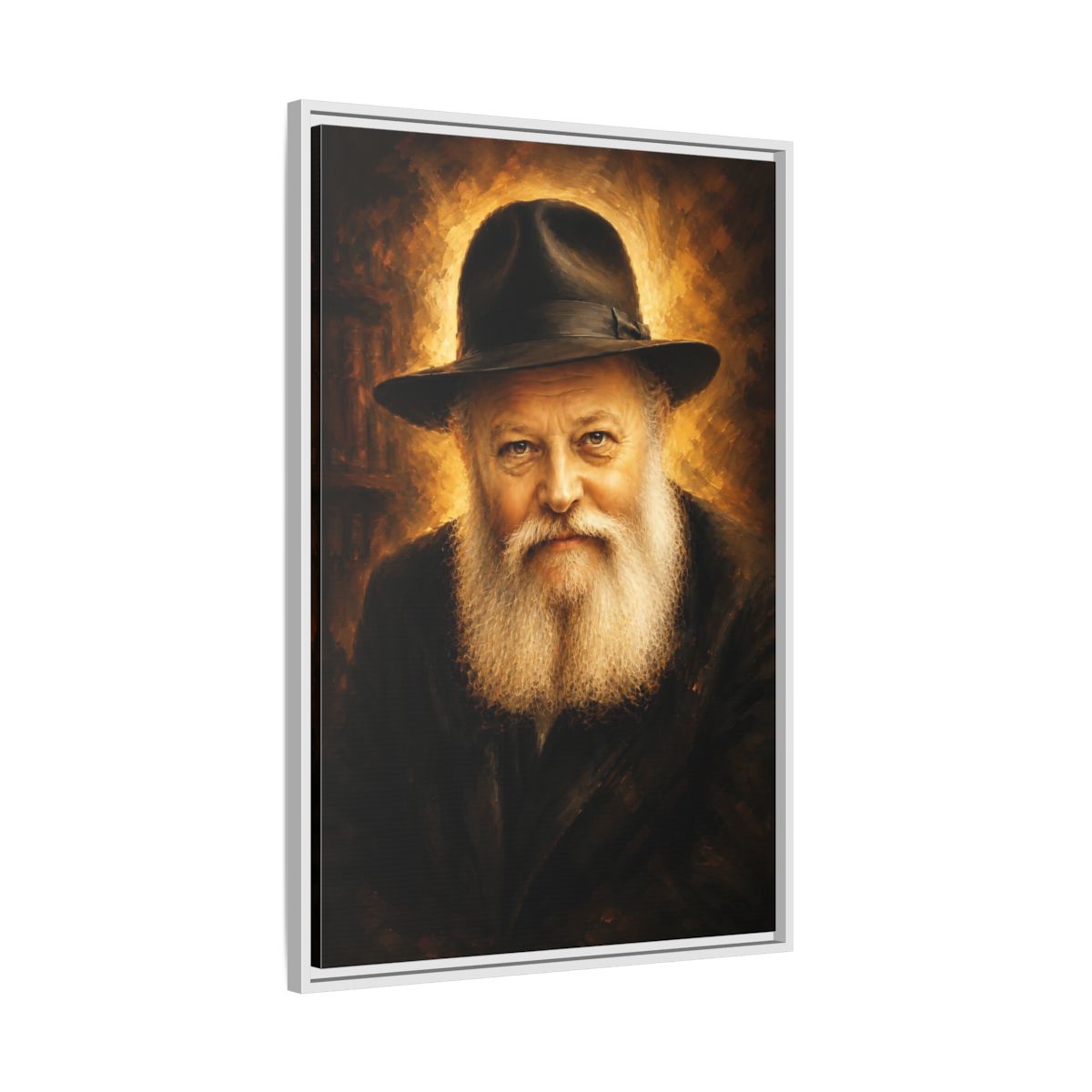 Side Mockup 9. Religious Rabbi Gold And Black shown as framed canvas print
