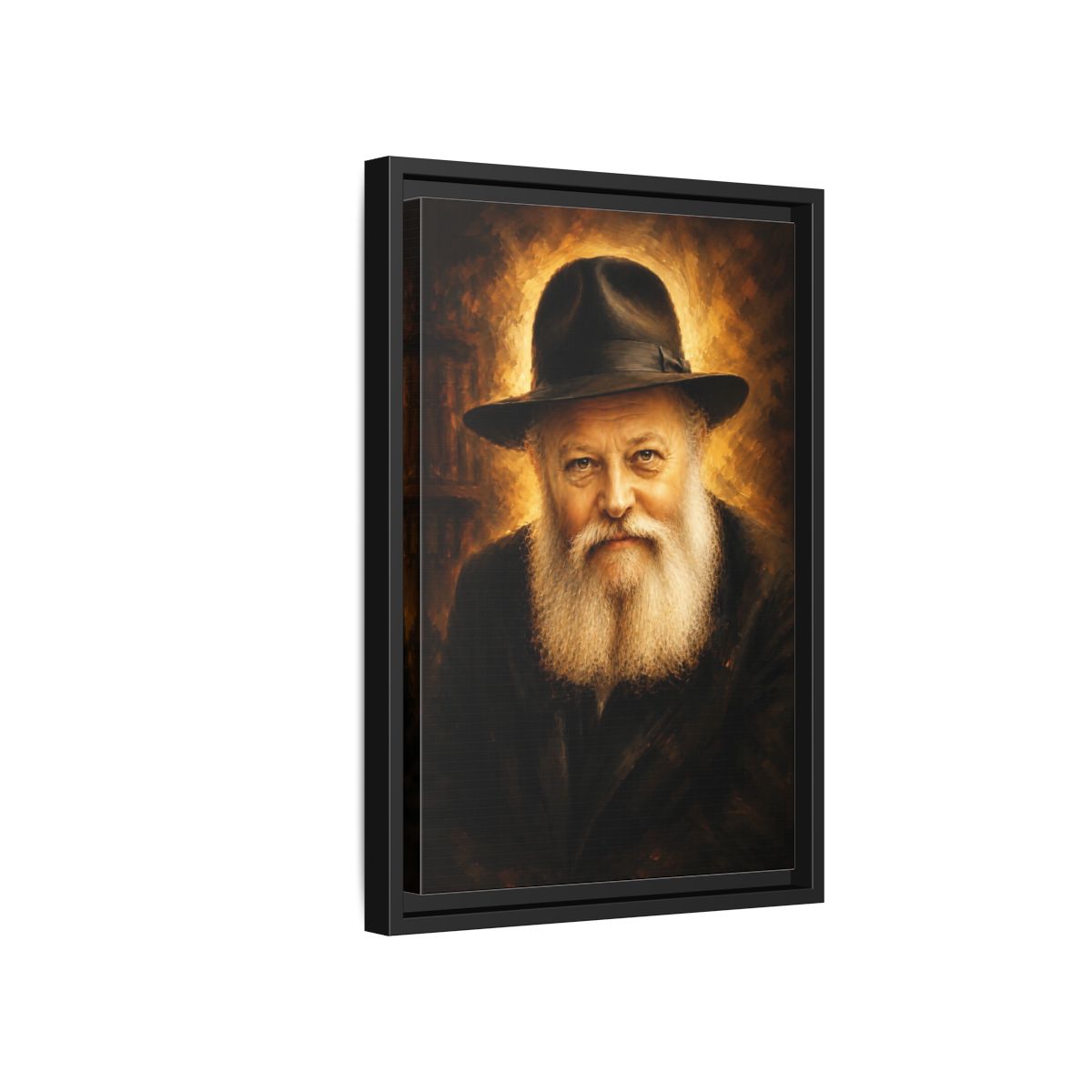 Side Mockup 6. Religious Rabbi Gold And Black shown as framed canvas print