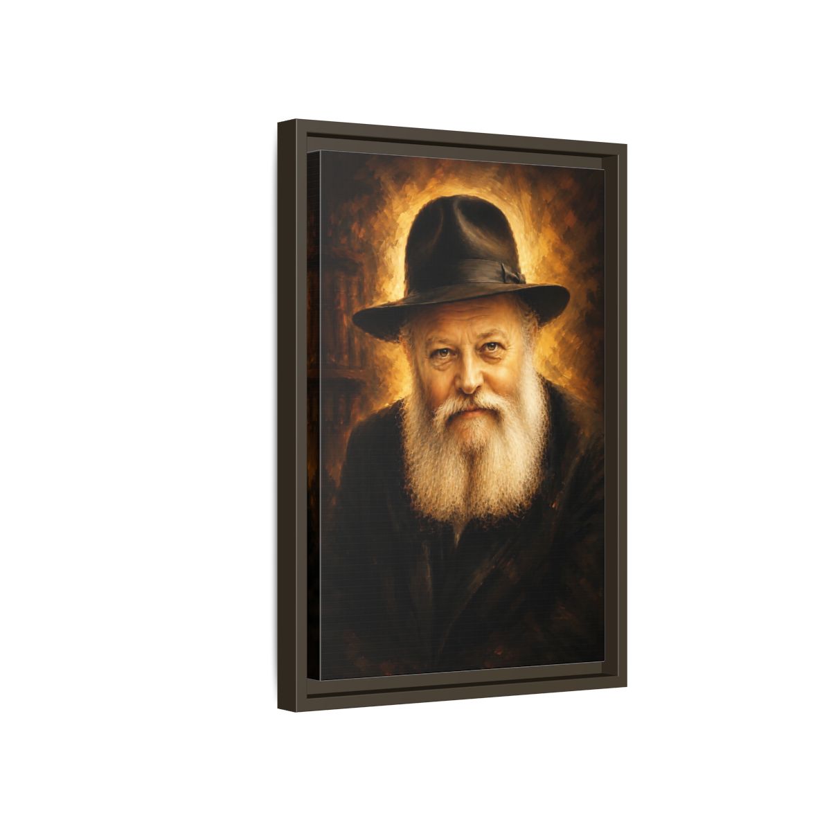 Side Mockup 5. Religious Rabbi Gold And Black shown as framed canvas print
