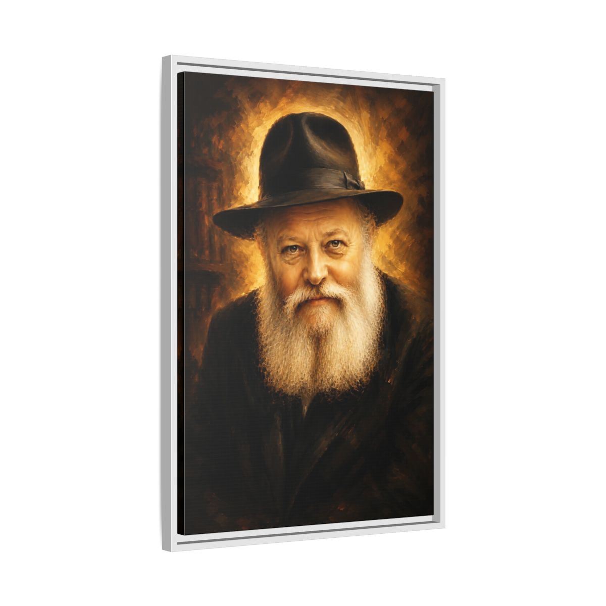Side Mockup 10. Religious Rabbi Gold And Black shown as framed canvas print