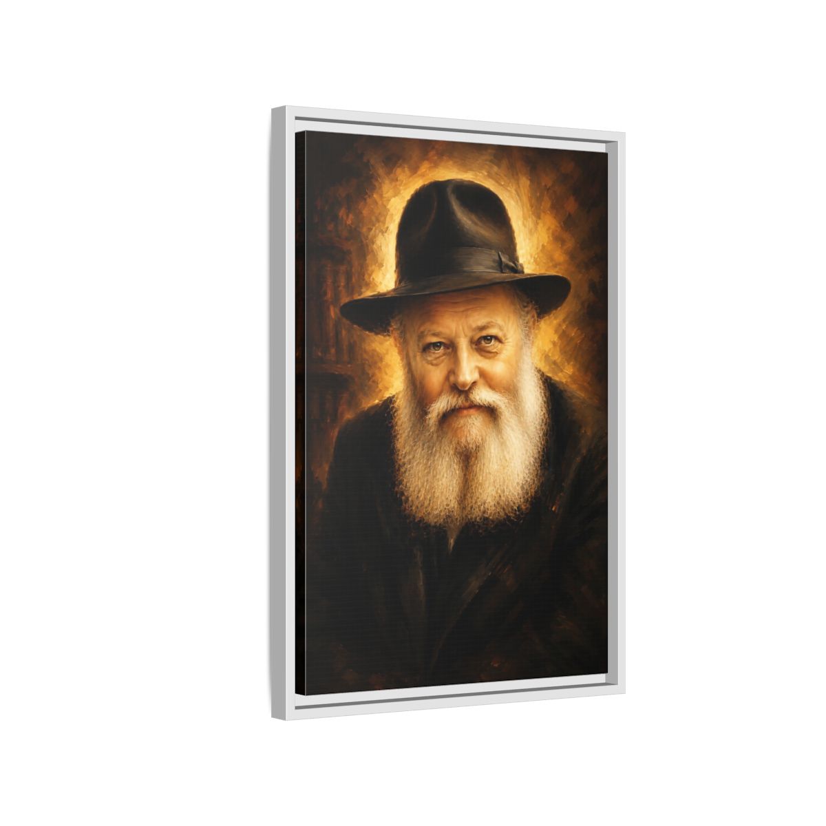 Side Mockup 1. Religious Rabbi Gold And Black shown as framed canvas print