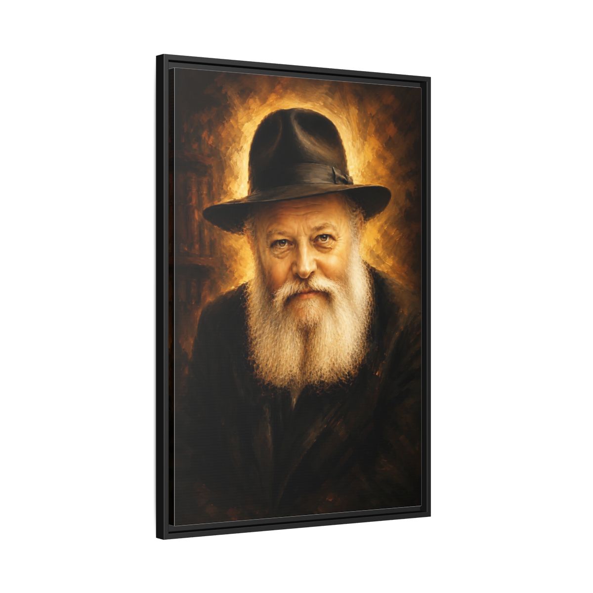 Side Mockup 13. Religious Rabbi Gold And Black shown as framed canvas print