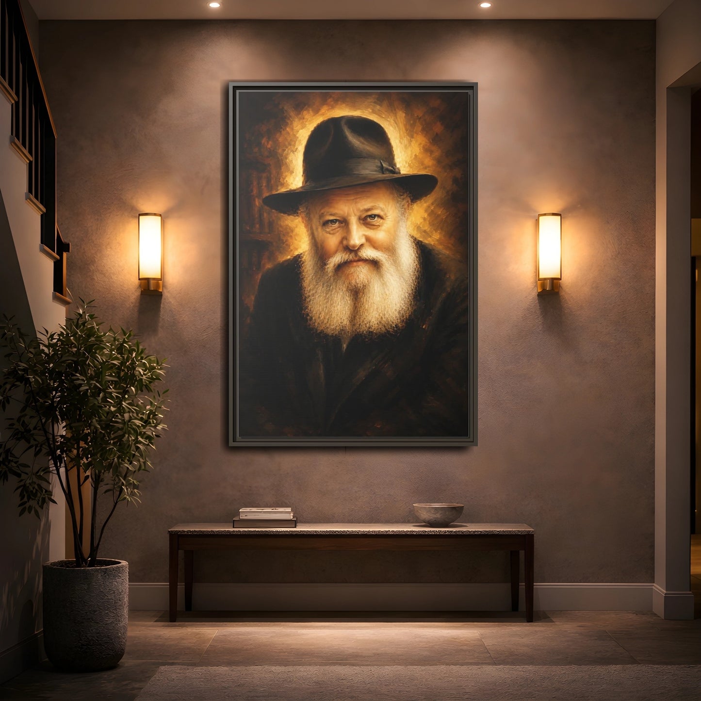 Mockup 2. Religious Rabbi Gold And Black shown as framed canvas print