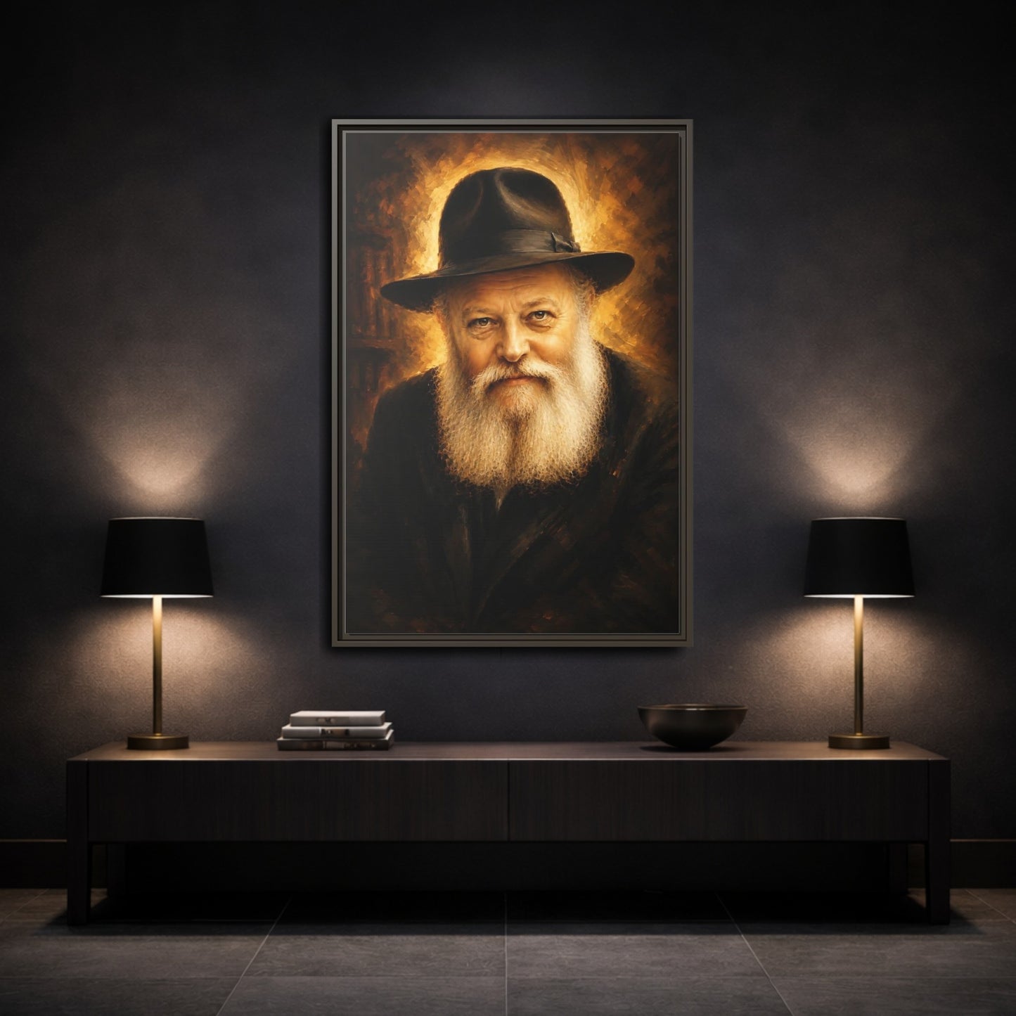 Mockup 3. Religious Rabbi Gold And Black shown as framed canvas print