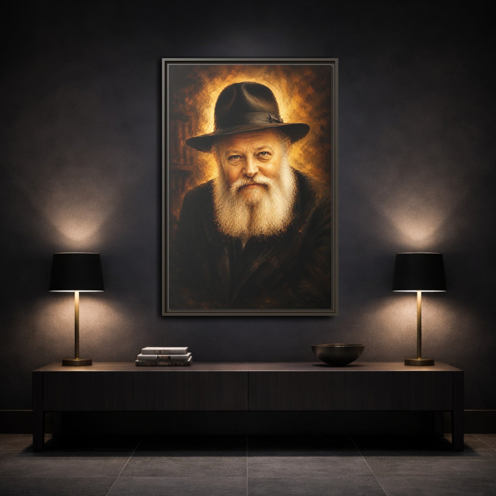 Mockup 3. Religious Rabbi Gold And Black shown as framed canvas print