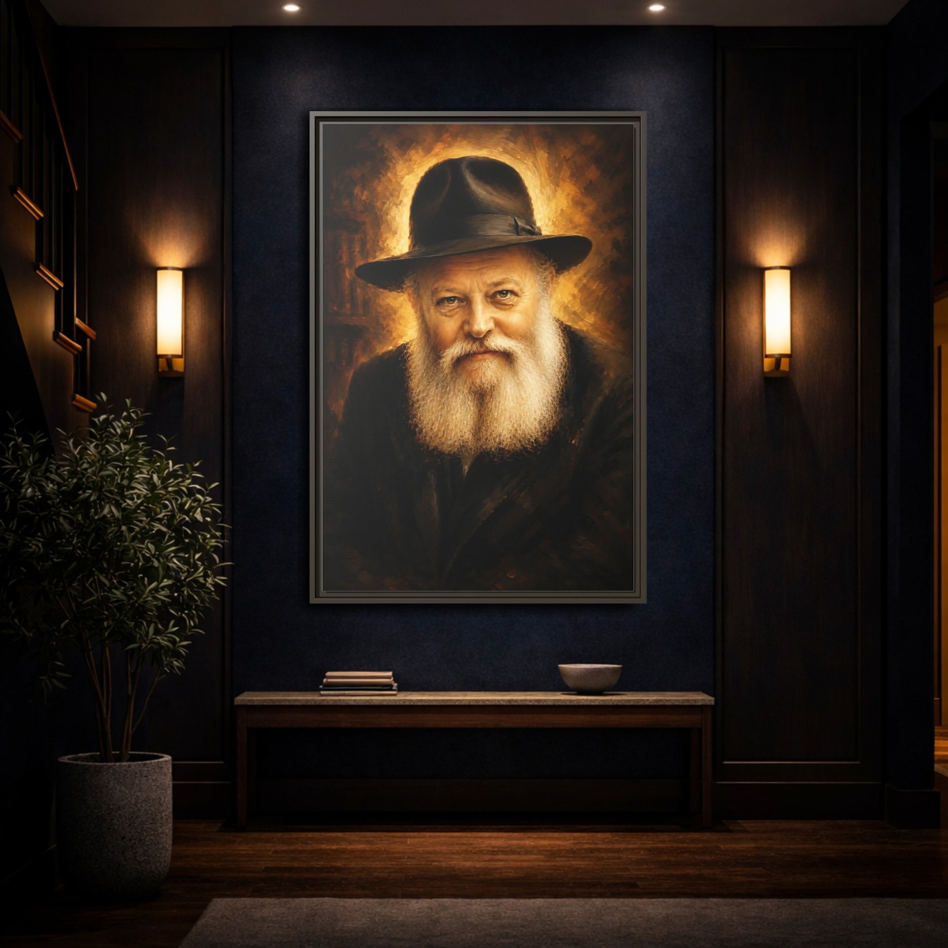 Mockup 4. Religious Rabbi Gold And Black shown as framed canvas print