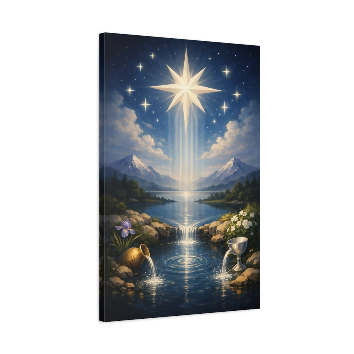 Side Mockup 2. Religious Radiant Star Celestial Blue shown as stretched canvas wall art