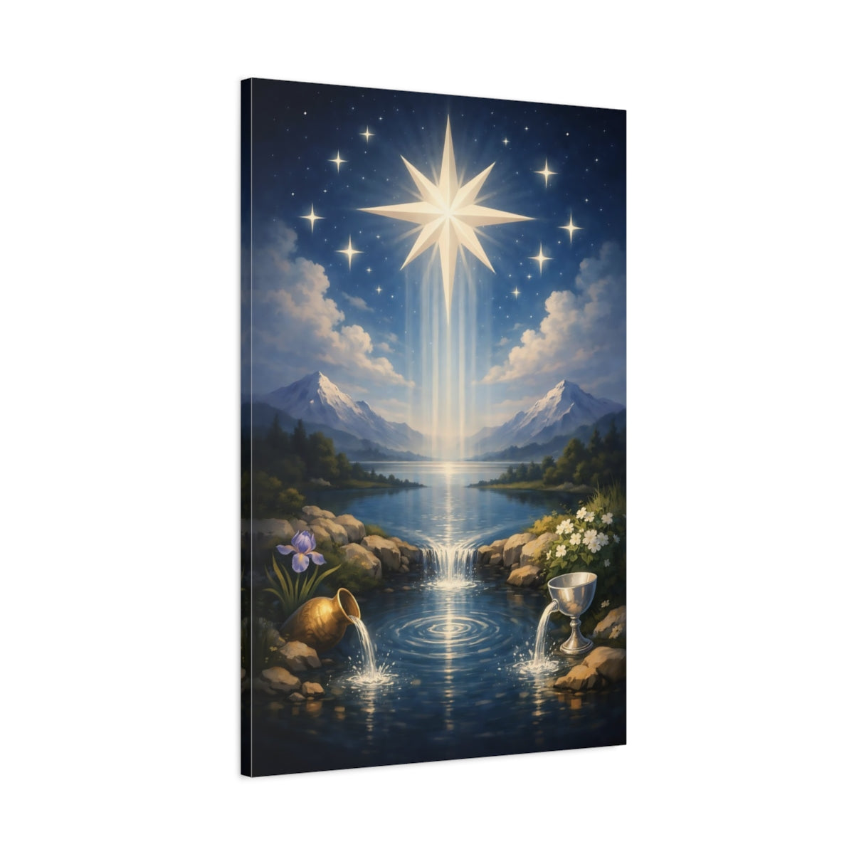 Side Mockup 1. Religious Radiant Star Celestial Blue shown as stretched canvas wall art
