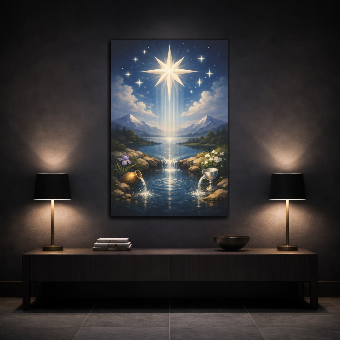 Mockup 2. Religious Radiant Star Celestial Blue shown as stretched canvas wall art
