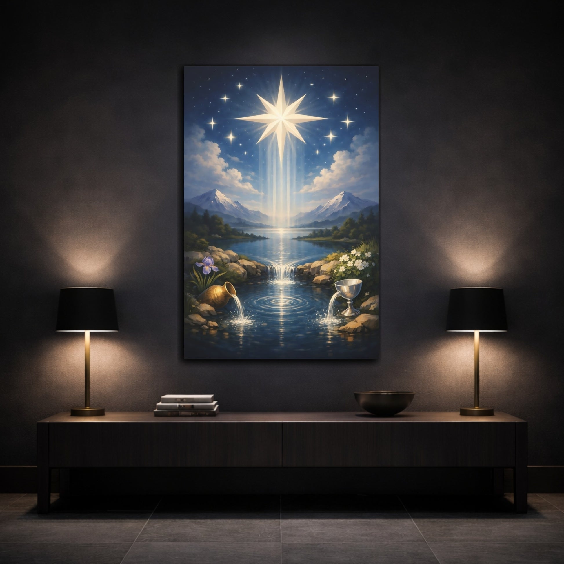 Mockup 2. Religious Radiant Star Celestial Blue shown as stretched canvas wall art