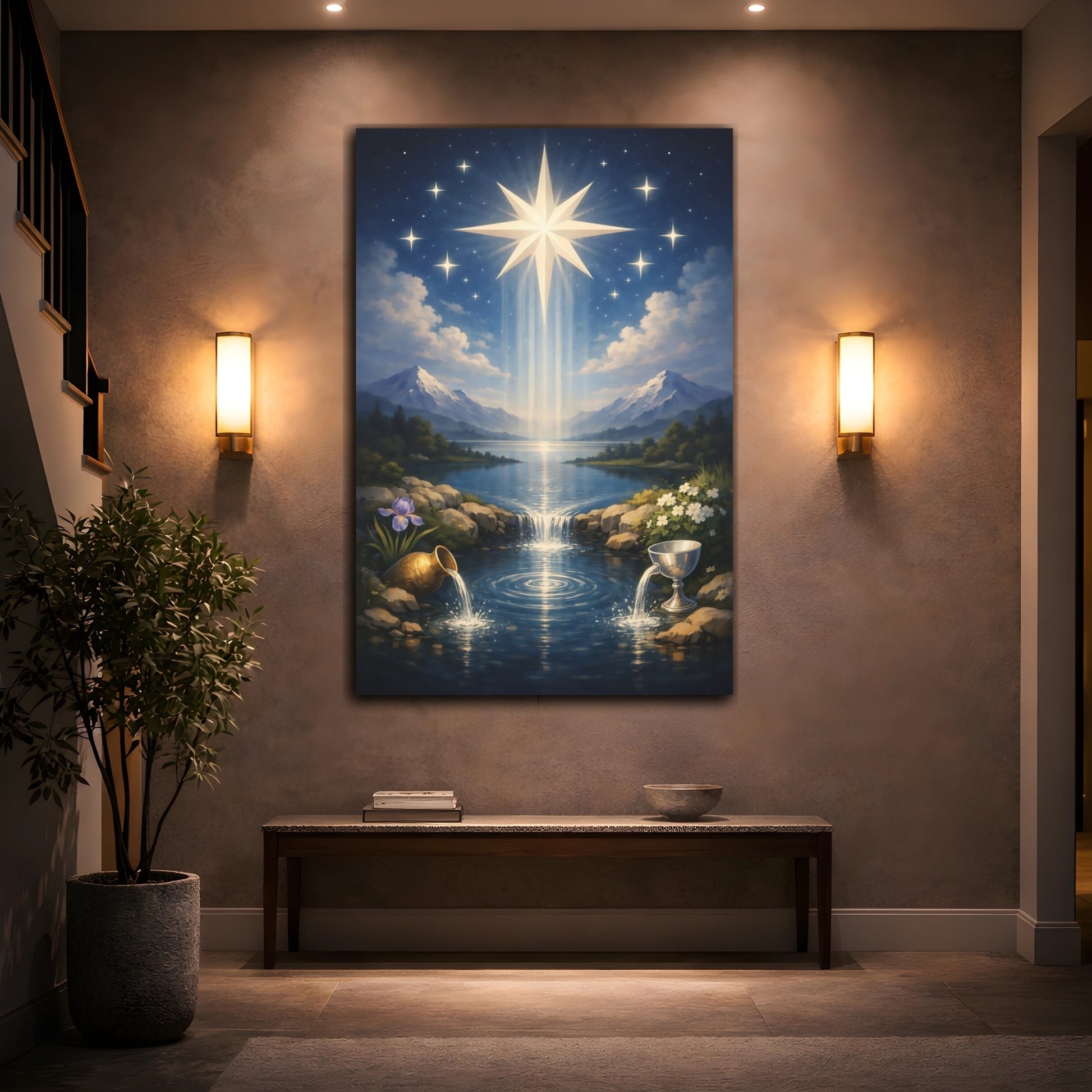 Mockup 3. Religious Radiant Star Celestial Blue shown as stretched canvas wall art