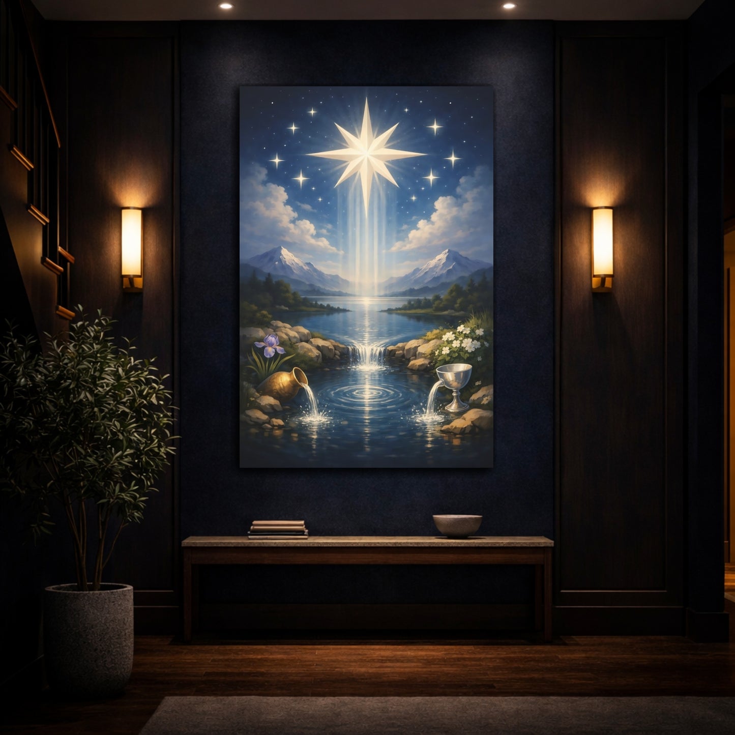 Mockup 4. Religious Radiant Star Celestial Blue shown as stretched canvas wall art