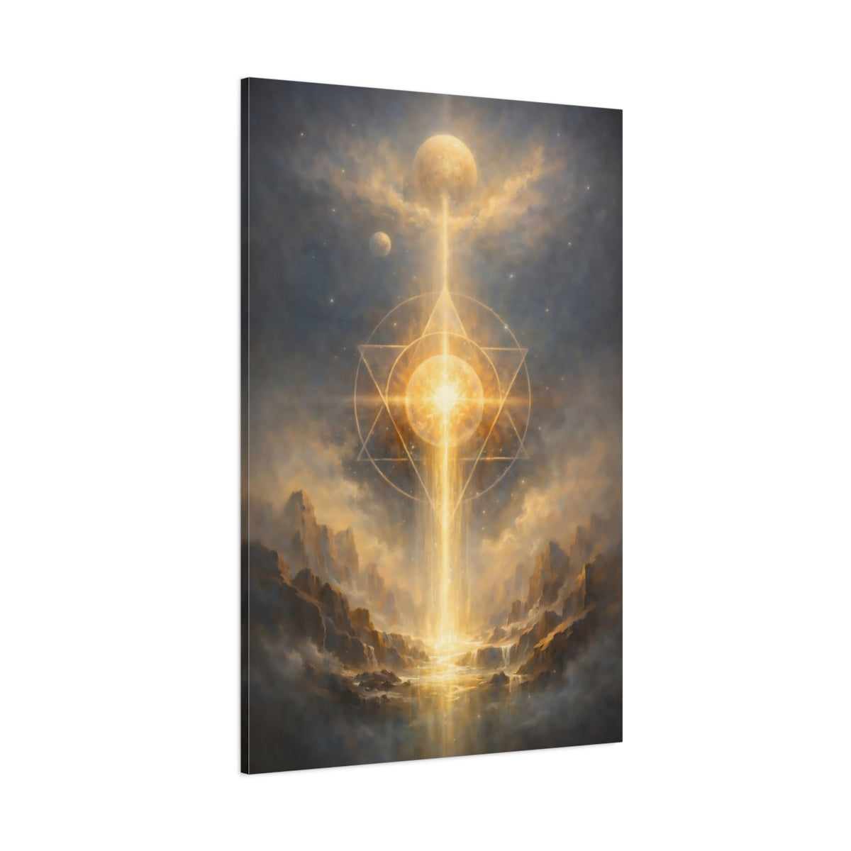 Main Mockup. Religious Sacred Geometry Gold And Blue shown as stretched canvas wall art