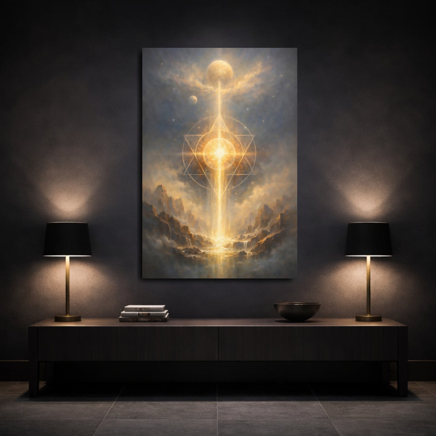 Mockup 2. Religious Sacred Geometry Gold And Blue shown as stretched canvas wall art