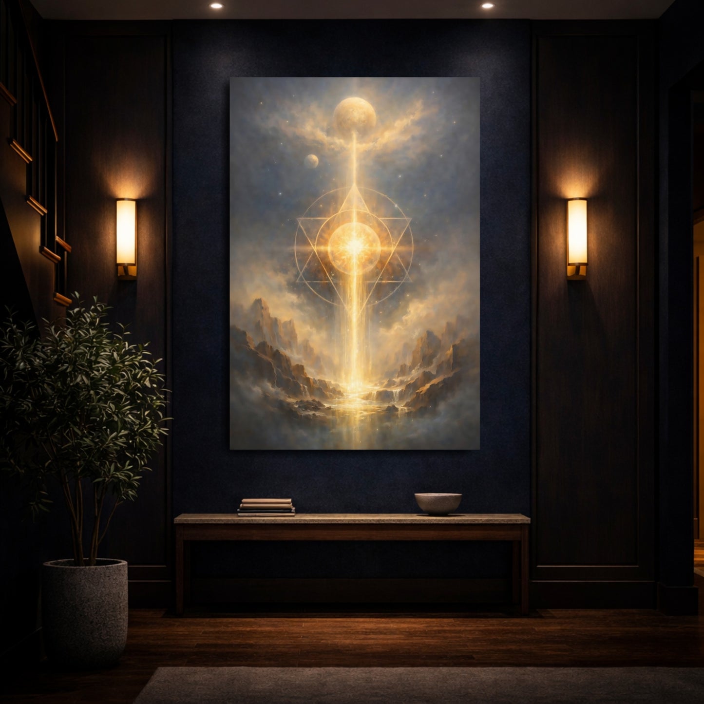 Mockup 3. Religious Sacred Geometry Gold And Blue shown as stretched canvas wall art