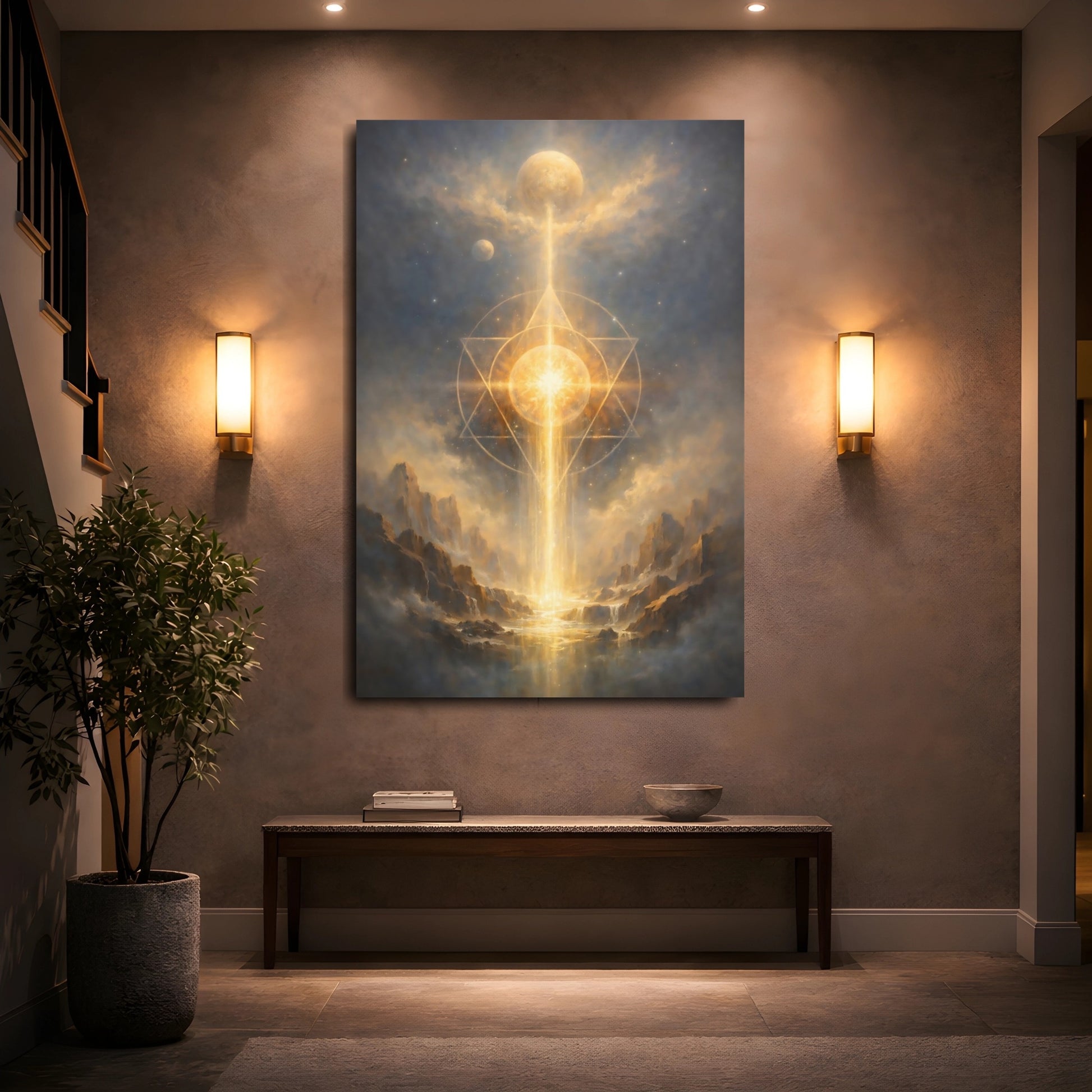 Mockup 4. Religious Sacred Geometry Gold And Blue shown as stretched canvas wall art