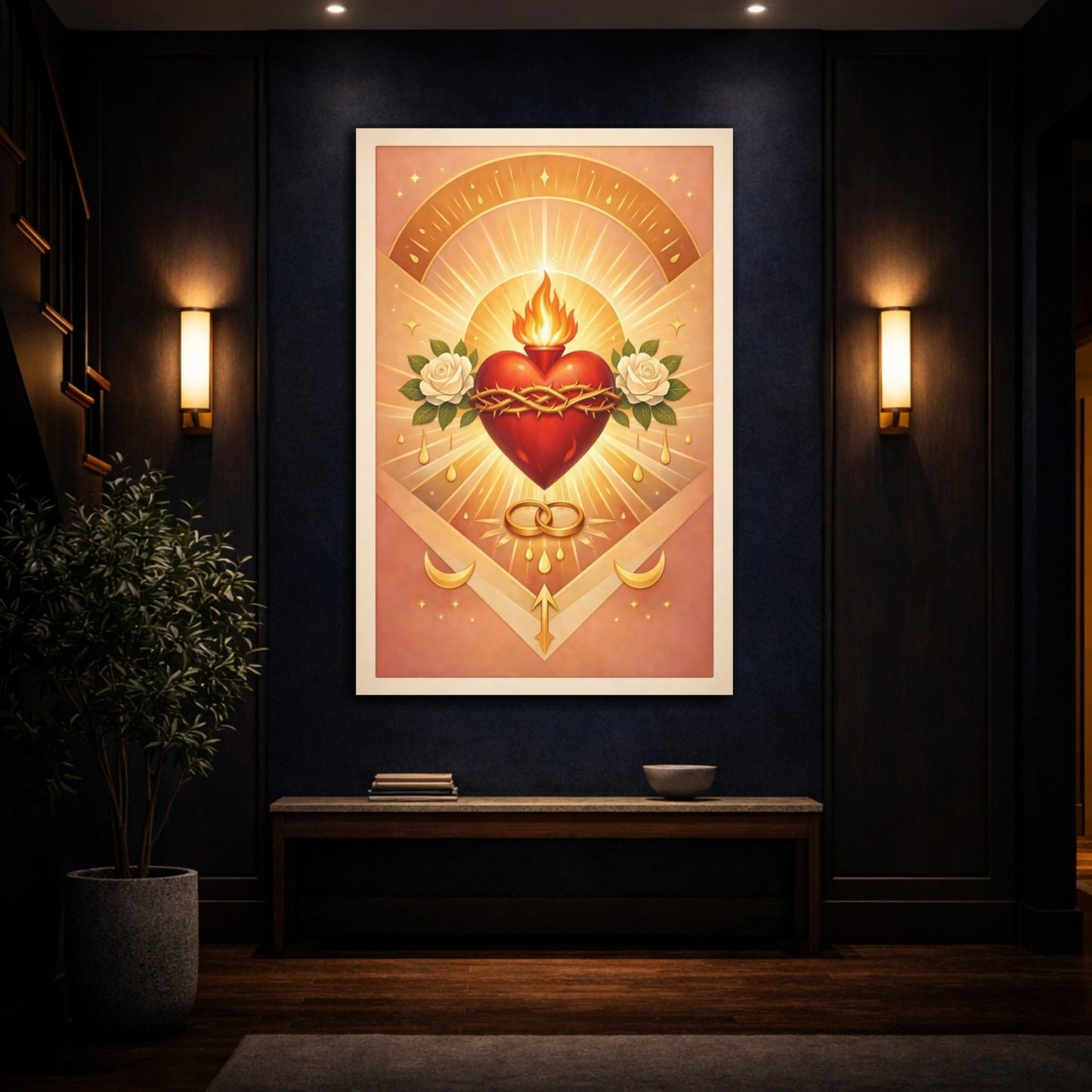 Religious Sacred Heart Gold And Red - Canvas Wall Art Print - YesArtYes