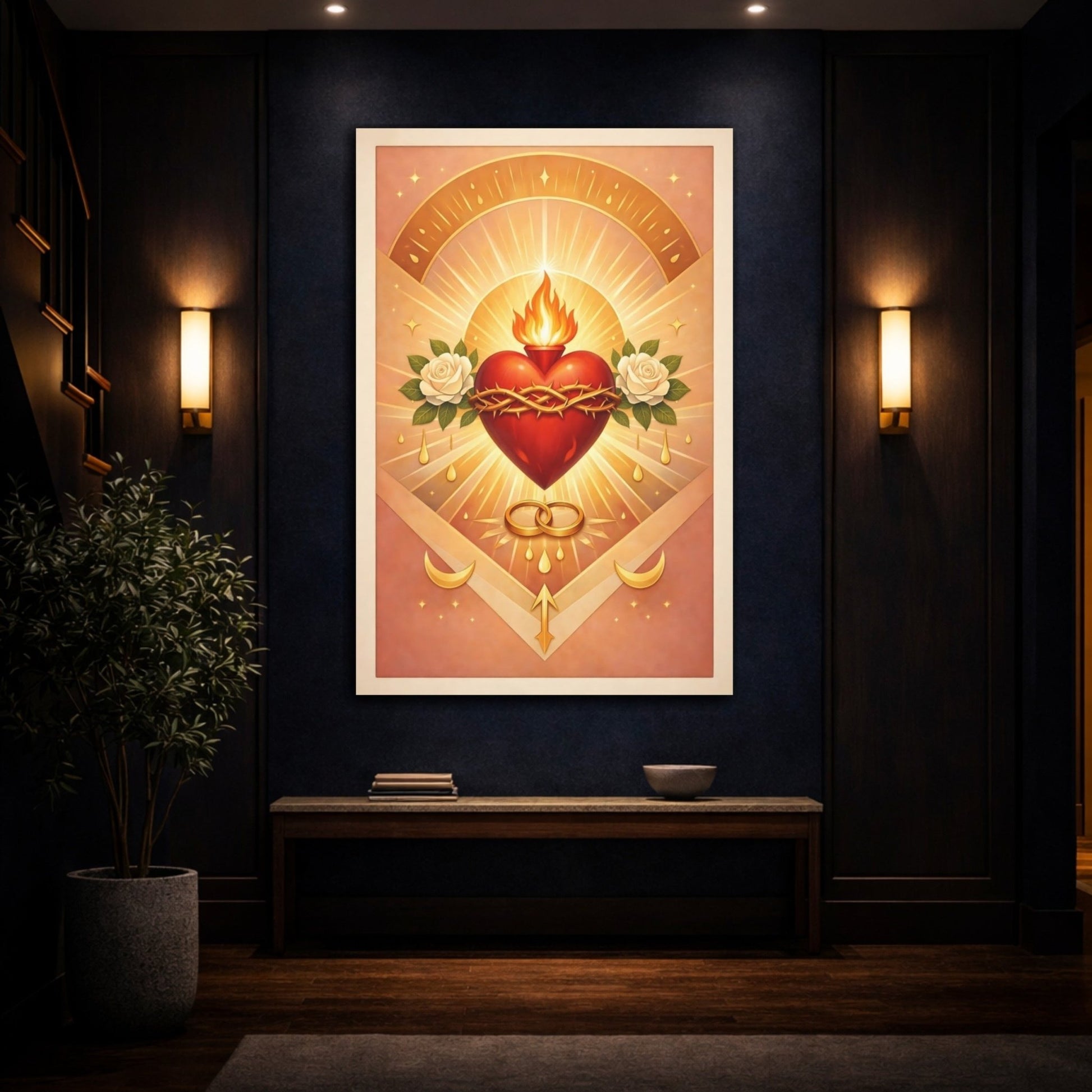 Religious Sacred Heart Gold And Red - Canvas Wall Art Print - YesArtYes