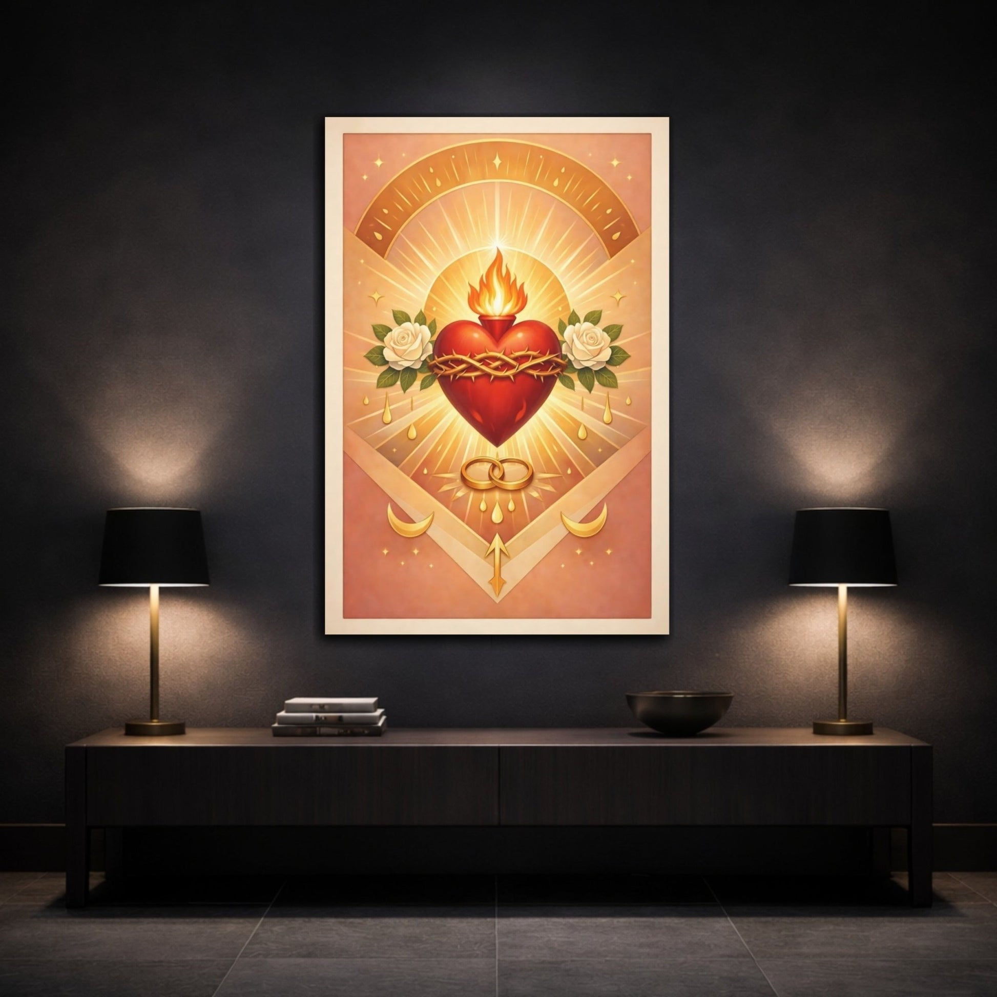 Religious Sacred Heart Gold And Red - Canvas Wall Art Print - YesArtYes