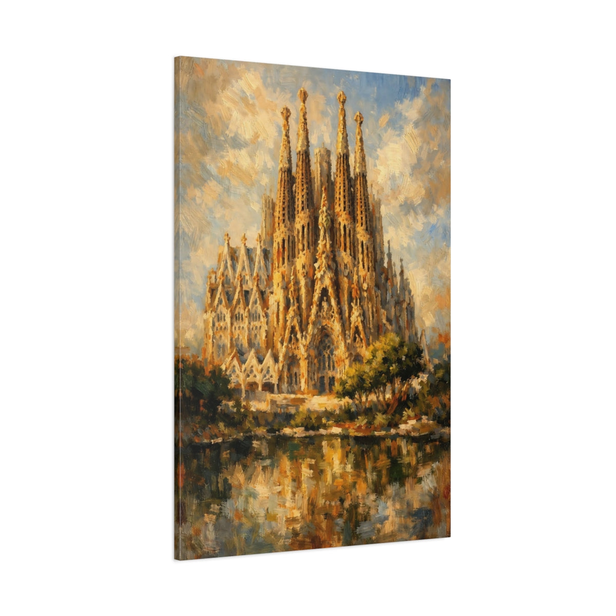 Main Mockup. Religious Sagrada Familia Golden Cathedral shown as stretched canvas wall art
