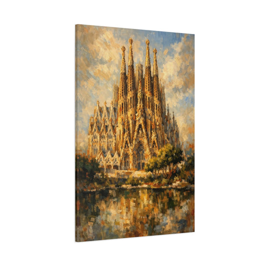 Main Mockup. Religious Sagrada Familia Golden Cathedral shown as stretched canvas wall art