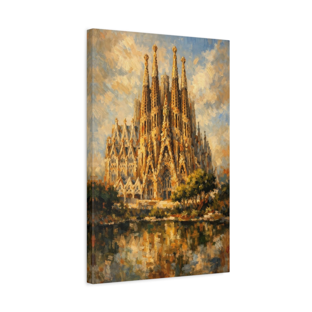 Side Mockup 3. Religious Sagrada Familia Golden Cathedral shown as stretched canvas wall art