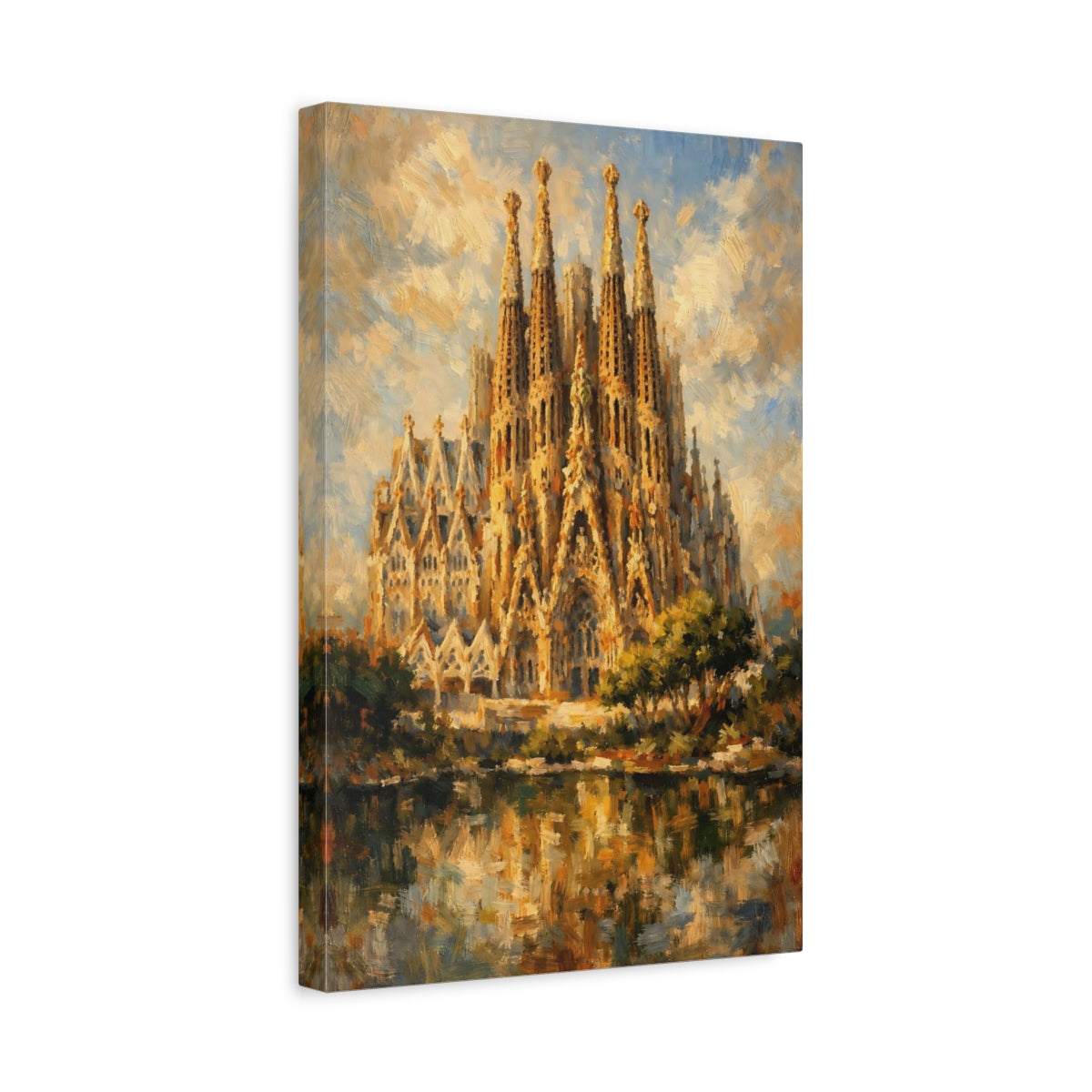 Side Mockup 4. Religious Sagrada Familia Golden Cathedral shown as stretched canvas wall art