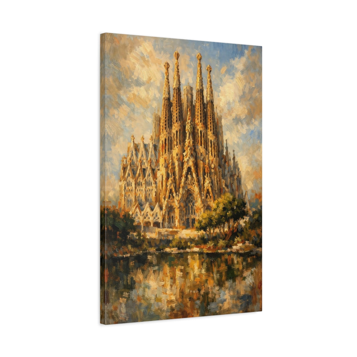 Side Mockup 2. Religious Sagrada Familia Golden Cathedral shown as stretched canvas wall art