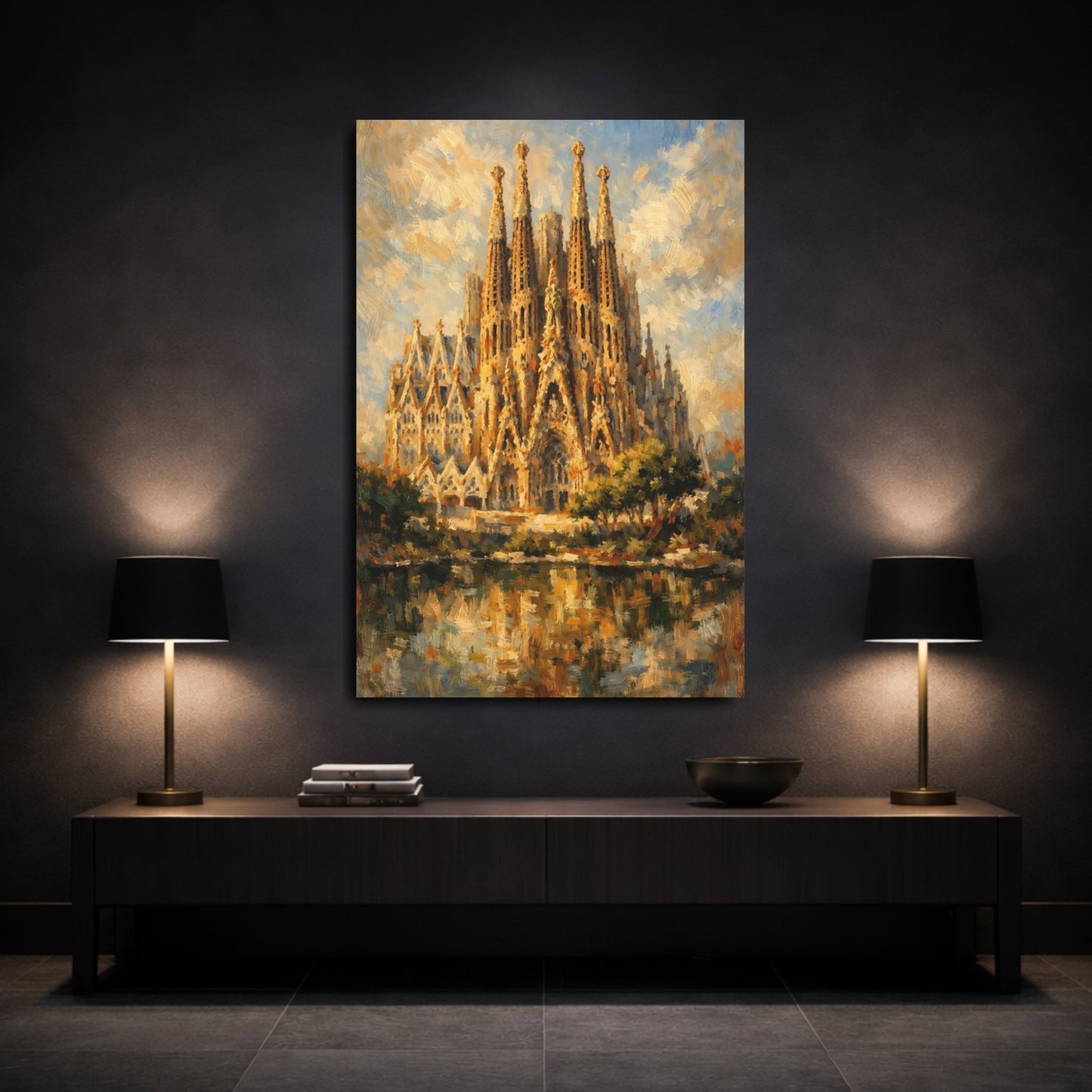 Mockup 2. Religious Sagrada Familia Golden Cathedral shown as stretched canvas wall art