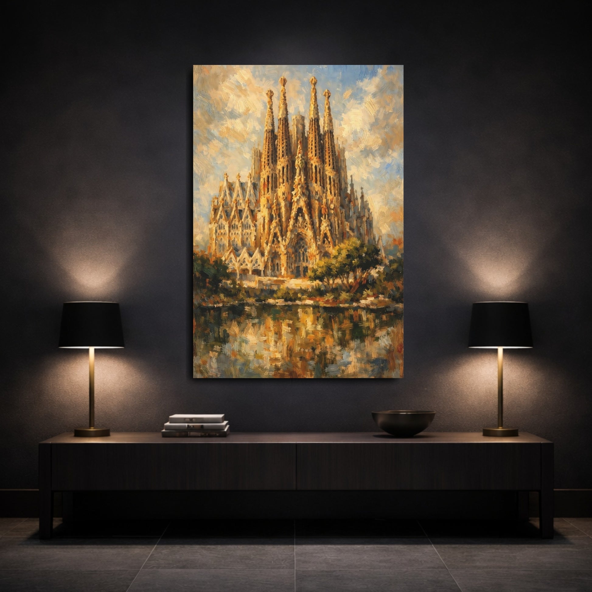 Mockup 2. Religious Sagrada Familia Golden Cathedral shown as stretched canvas wall art