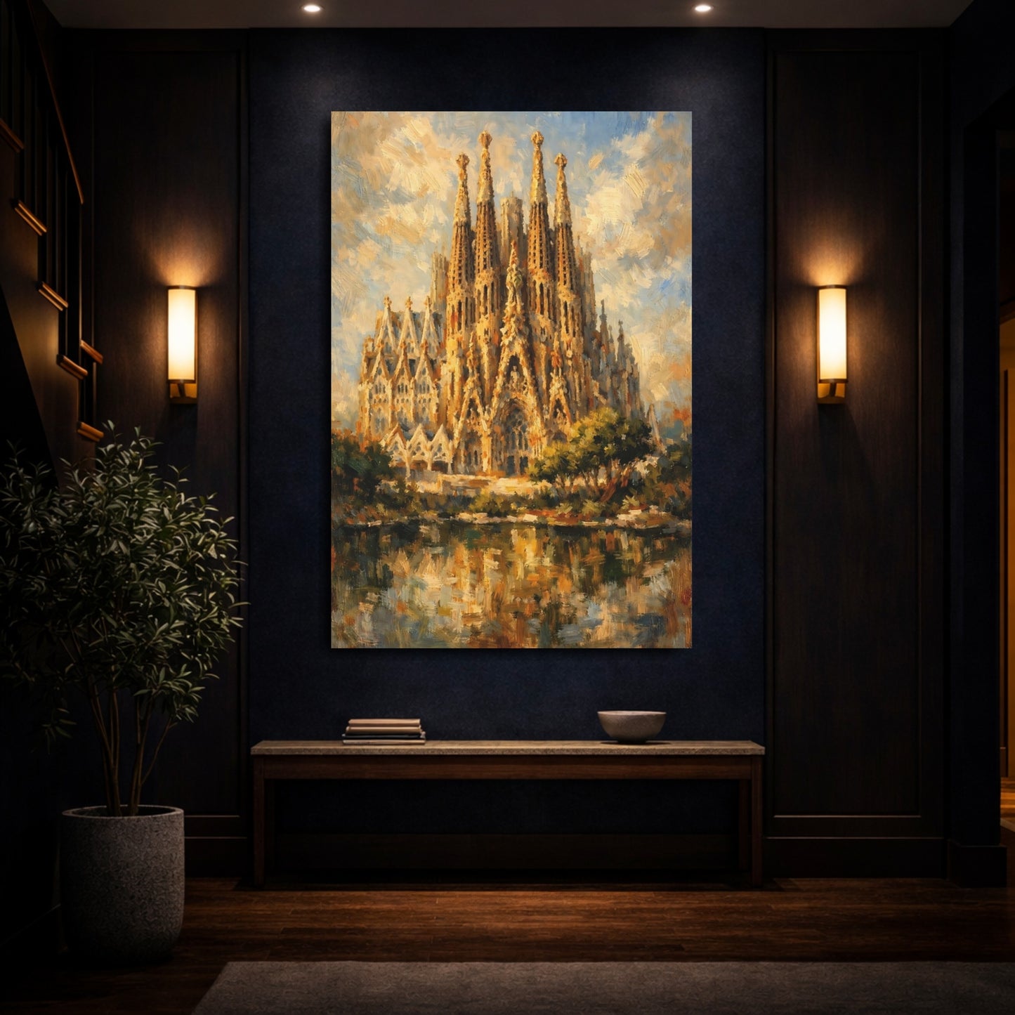 Mockup 3. Religious Sagrada Familia Golden Cathedral shown as stretched canvas wall art