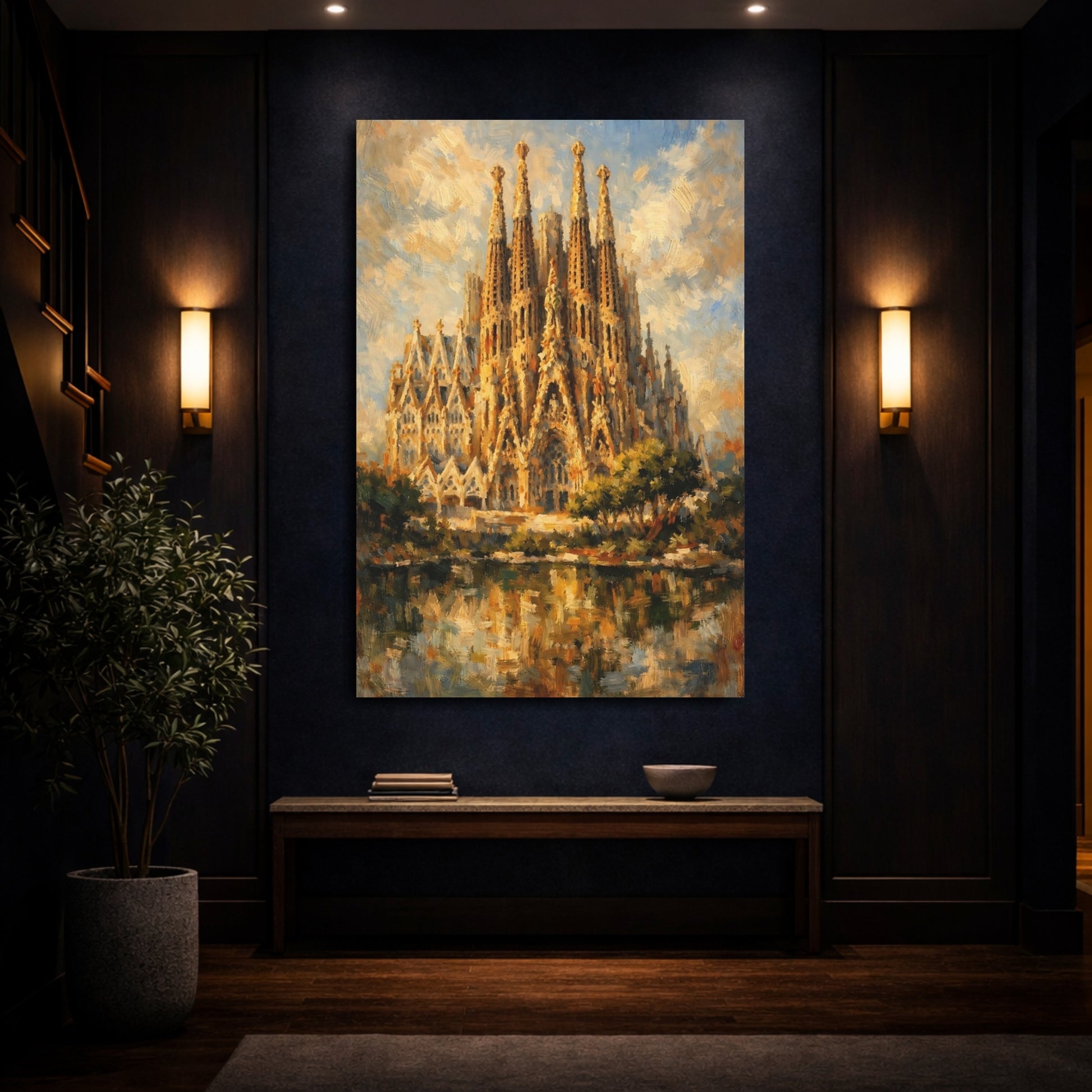 Mockup 3. Religious Sagrada Familia Golden Cathedral shown as stretched canvas wall art