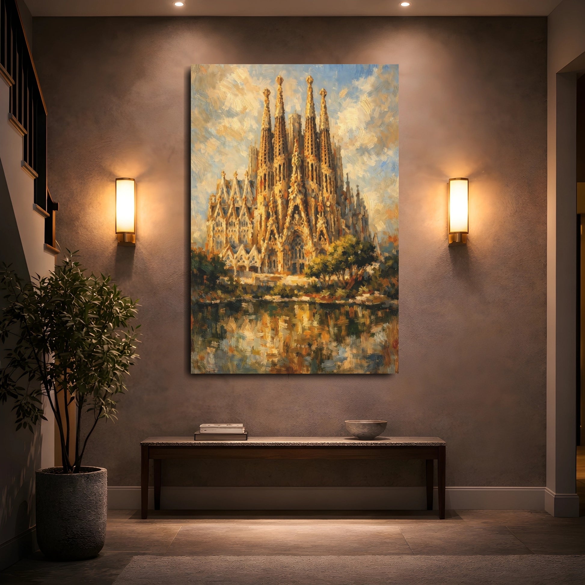 Mockup 4. Religious Sagrada Familia Golden Cathedral shown as stretched canvas wall art