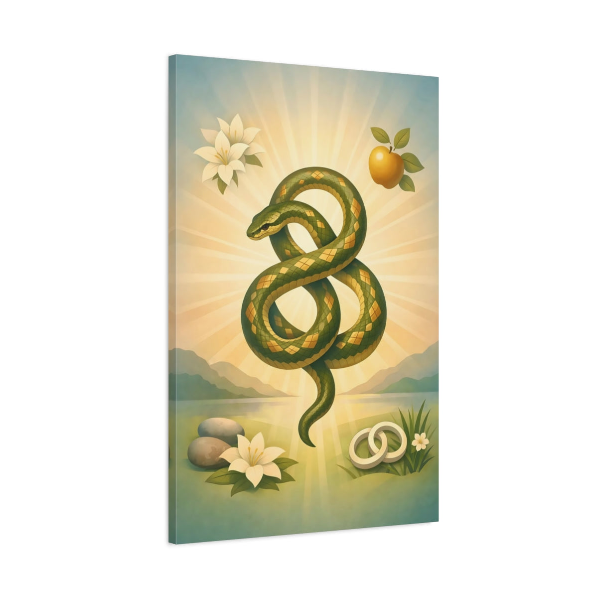 Side Mockup 1. Religious Serpent Green Gold Serpent shown as stretched canvas wall art