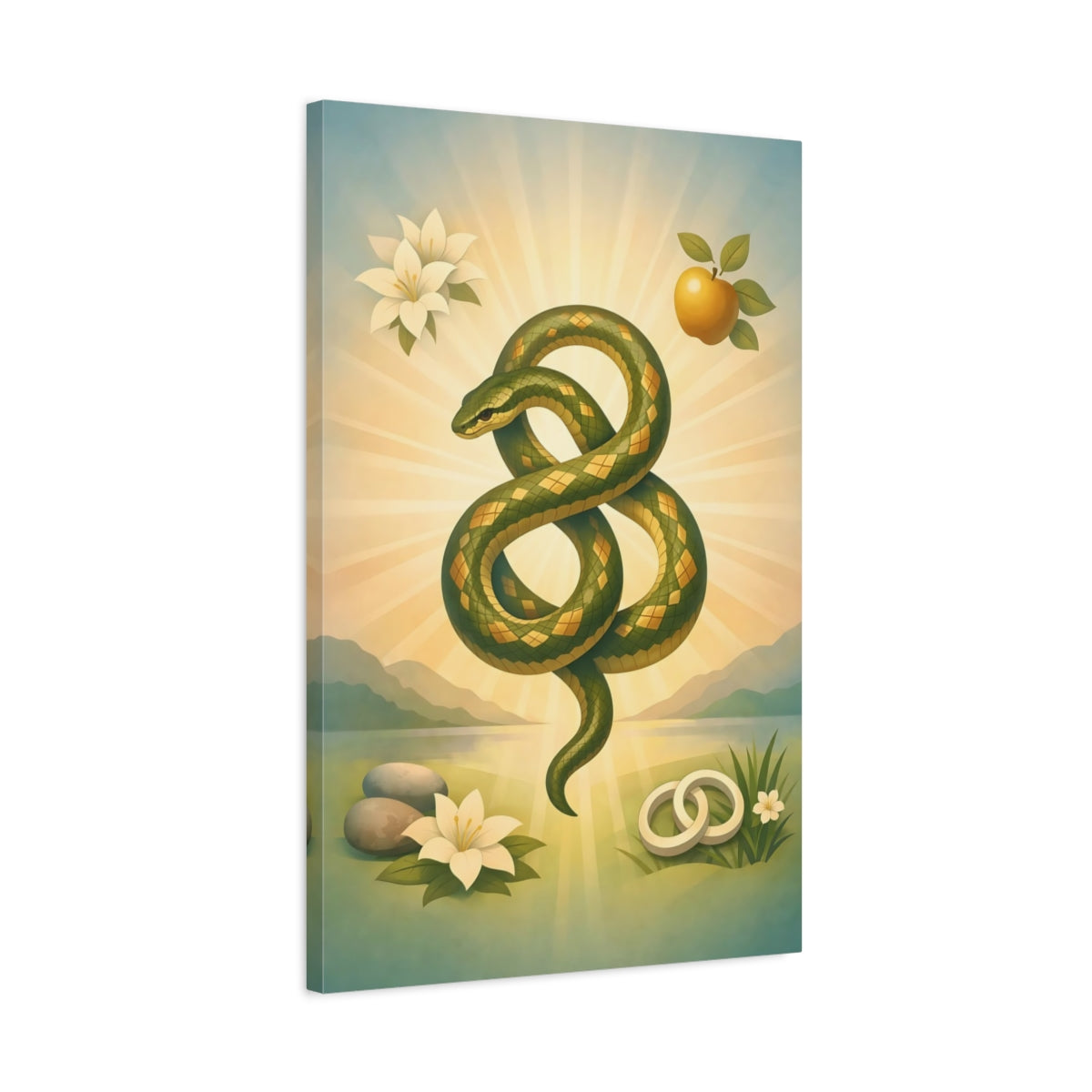 Side Mockup 2. Religious Serpent Green Gold Serpent shown as stretched canvas wall art