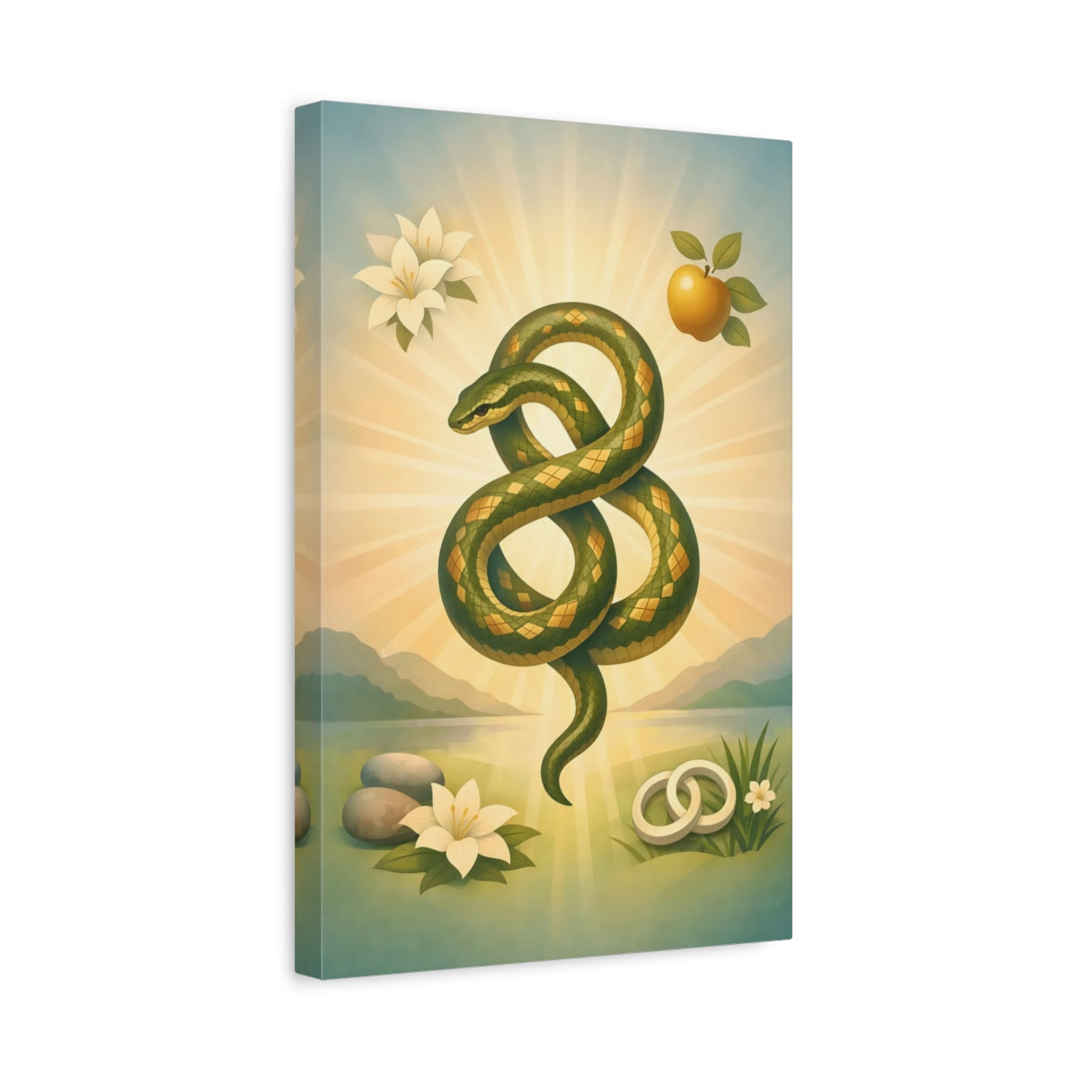Side Mockup 4. Religious Serpent Green Gold Serpent shown as stretched canvas wall art