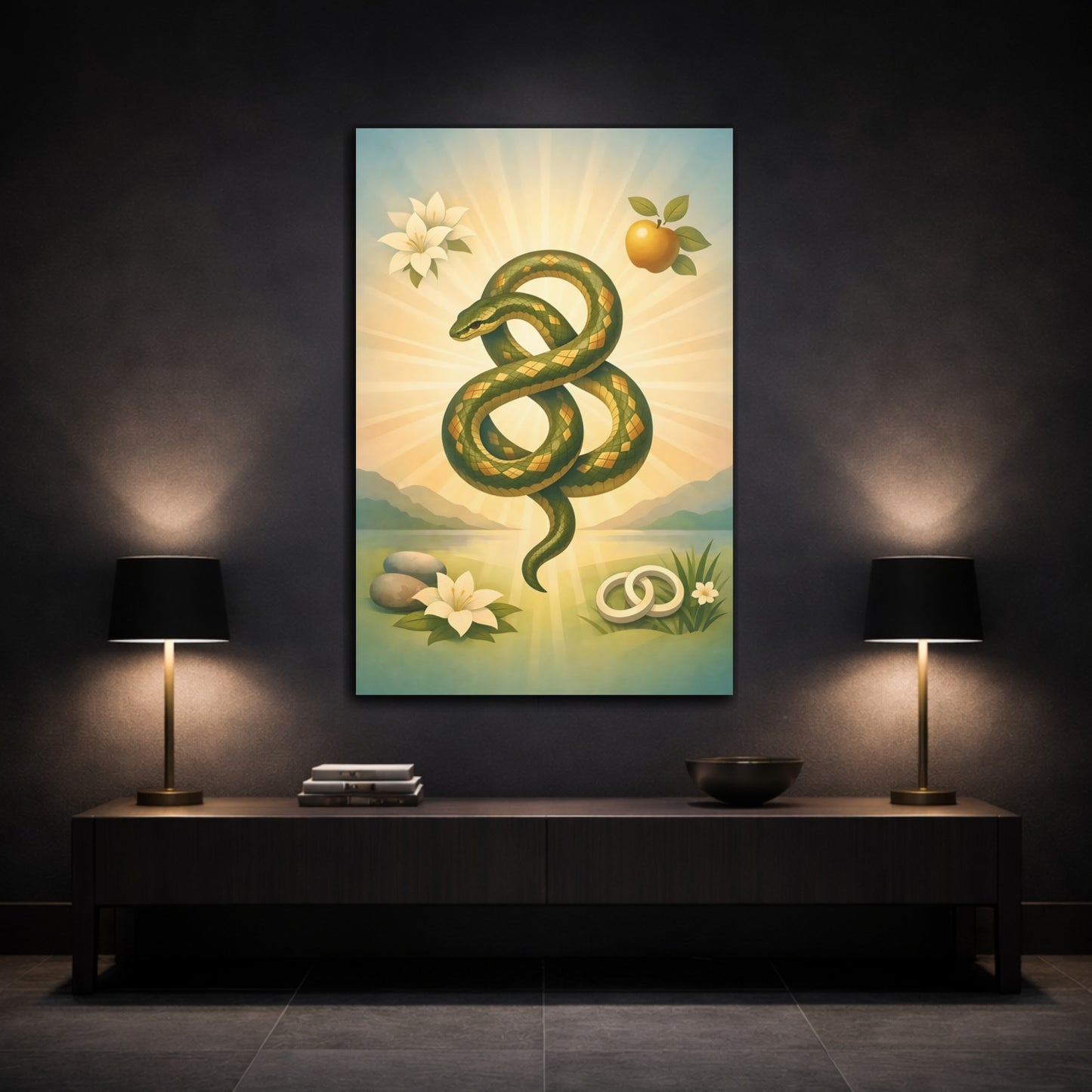 Mockup 2. Religious Serpent Green Gold Serpent shown as stretched canvas wall art