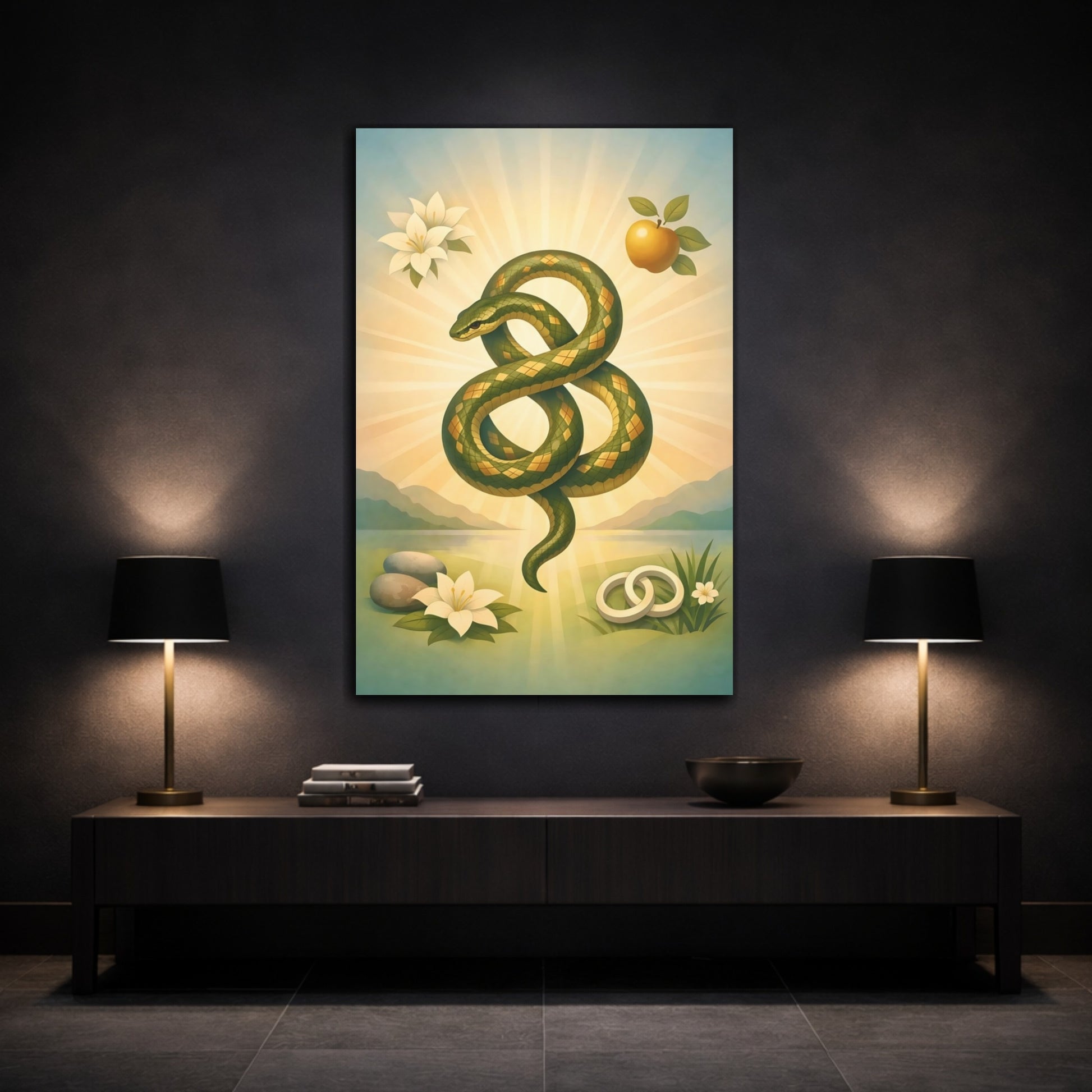 Mockup 2. Religious Serpent Green Gold Serpent shown as stretched canvas wall art