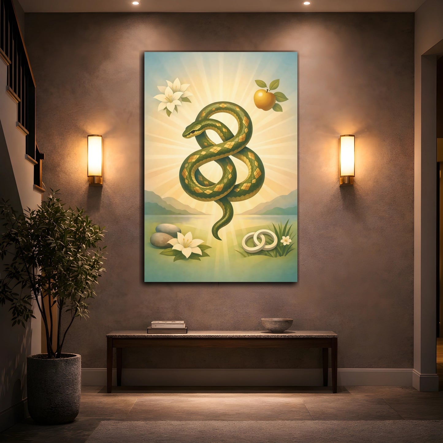 Mockup 3. Religious Serpent Green Gold Serpent shown as stretched canvas wall art
