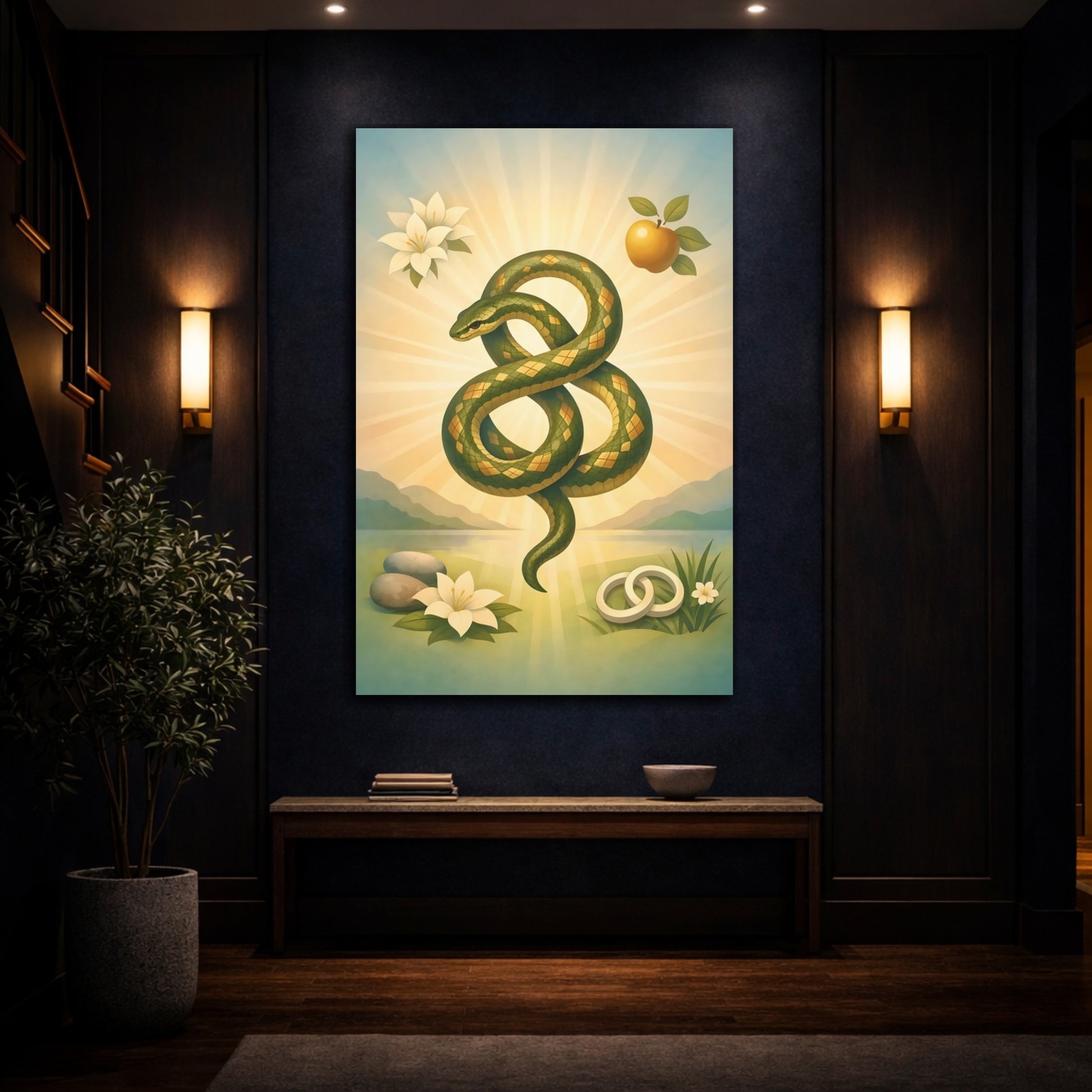 Mockup 4. Religious Serpent Green Gold Serpent shown as stretched canvas wall art