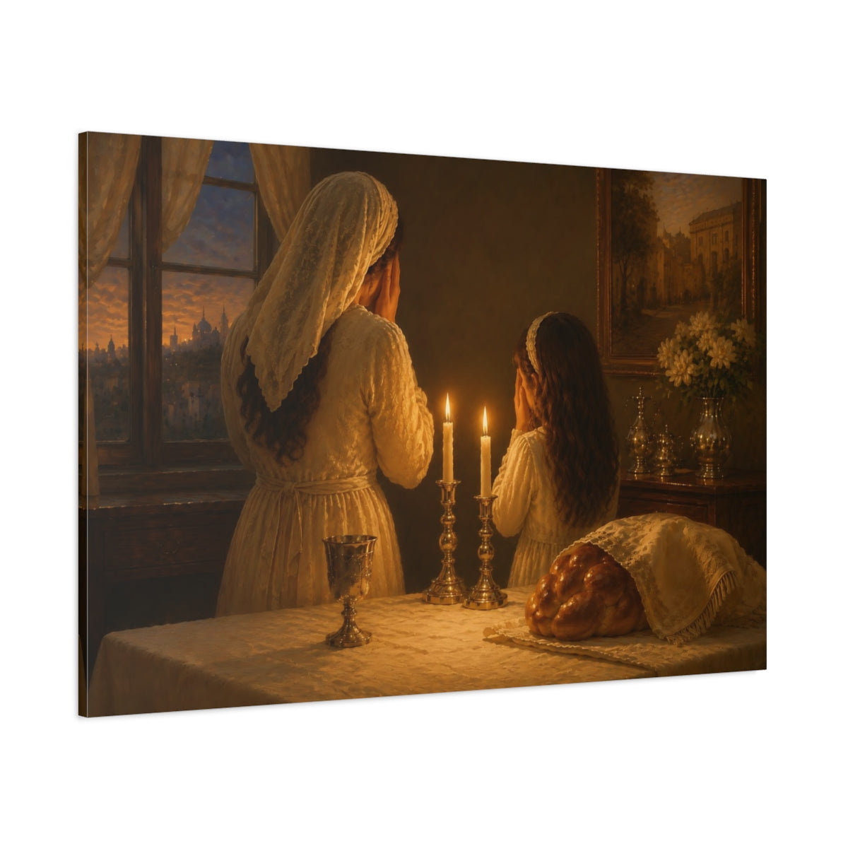 Side Mockup 1. Religious Shabbat Prayer Shabbat Prayer shown as canvas print