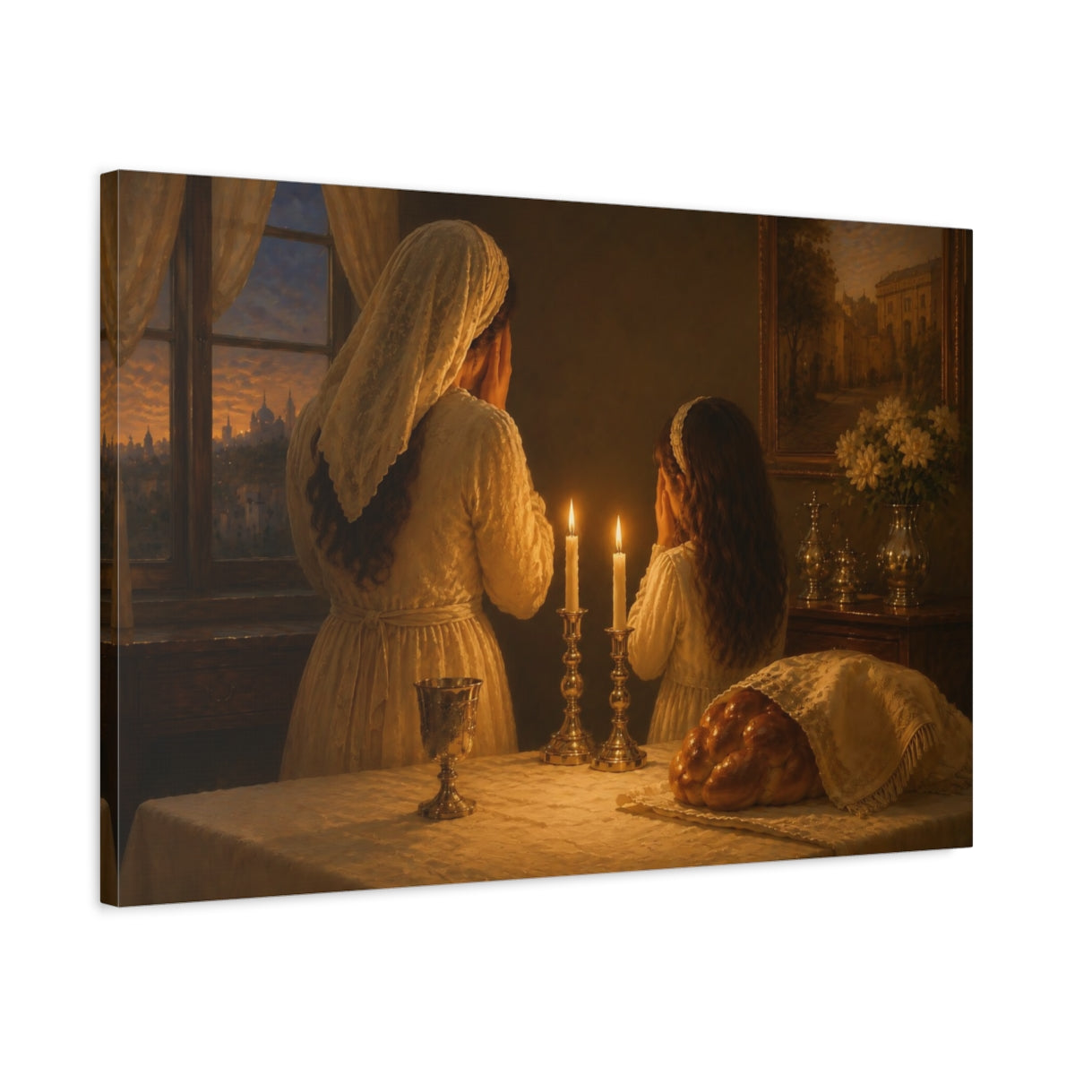 Side Mockup 2. Religious Shabbat Prayer Shabbat Prayer shown as canvas print