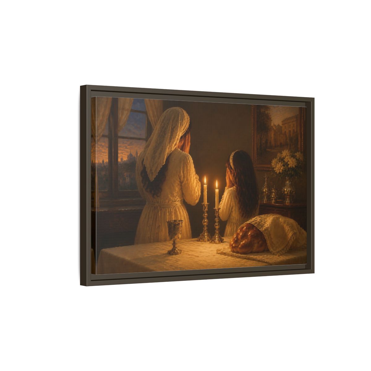 Side Mockup 2. Religious Shabbat Ritual Jewish Ritual shown as framed canvas print