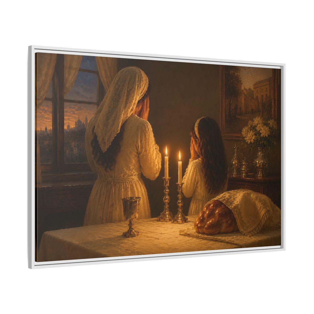 Side Mockup 7. Religious Shabbat Ritual Jewish Ritual shown as framed canvas print