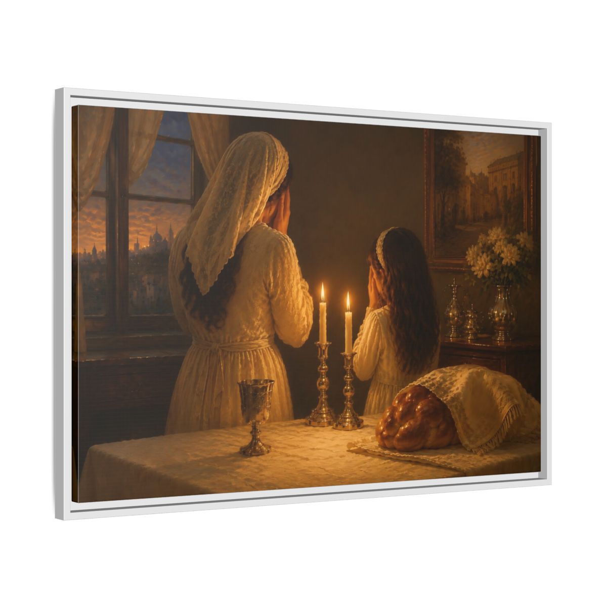 Side Mockup 9. Religious Shabbat Ritual Jewish Ritual shown as framed canvas print