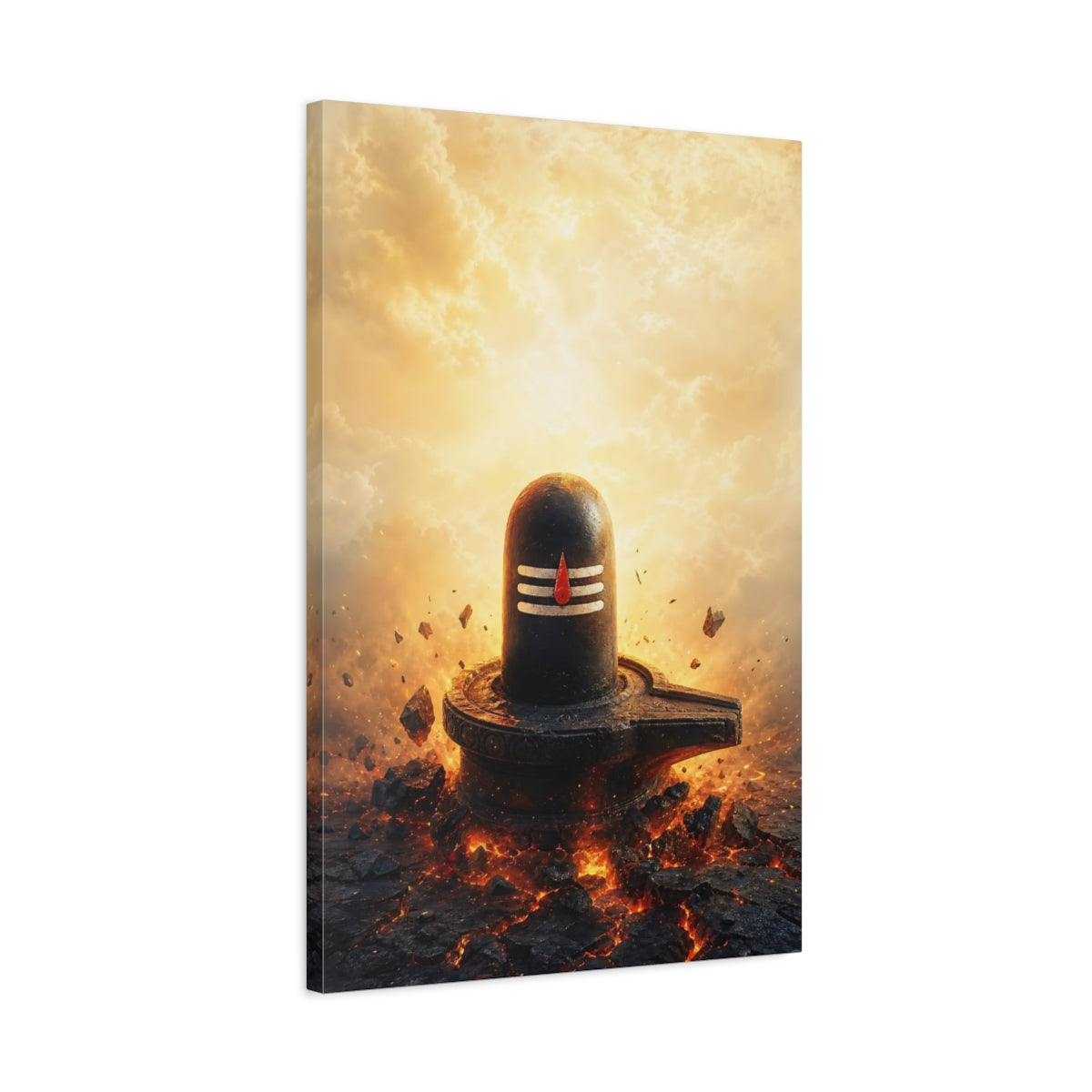 Side Mockup 2. Religious Shiva Lingam Black And Orange shown as stretched canvas wall art