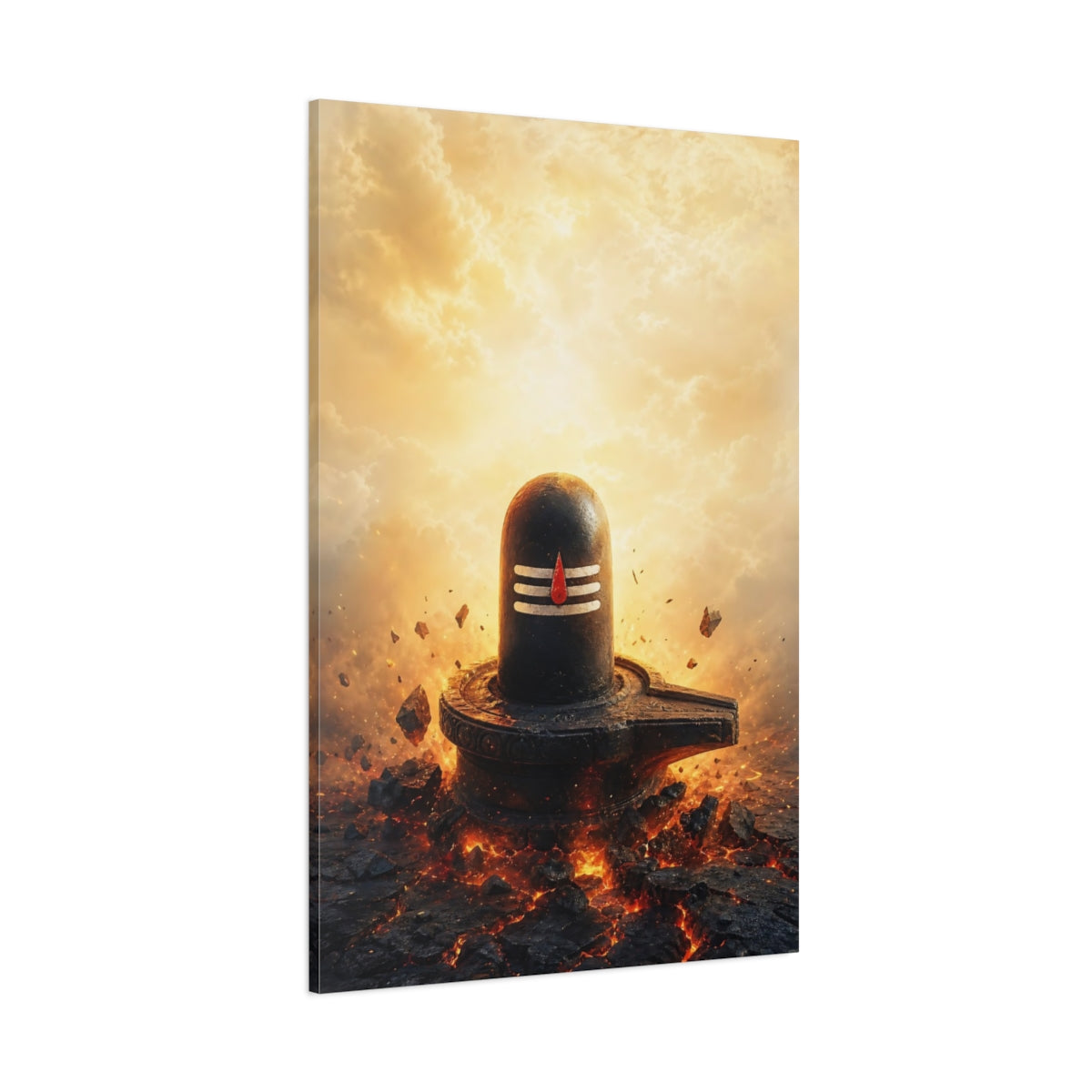 Side Mockup 1. Religious Shiva Lingam Black And Orange shown as stretched canvas wall art