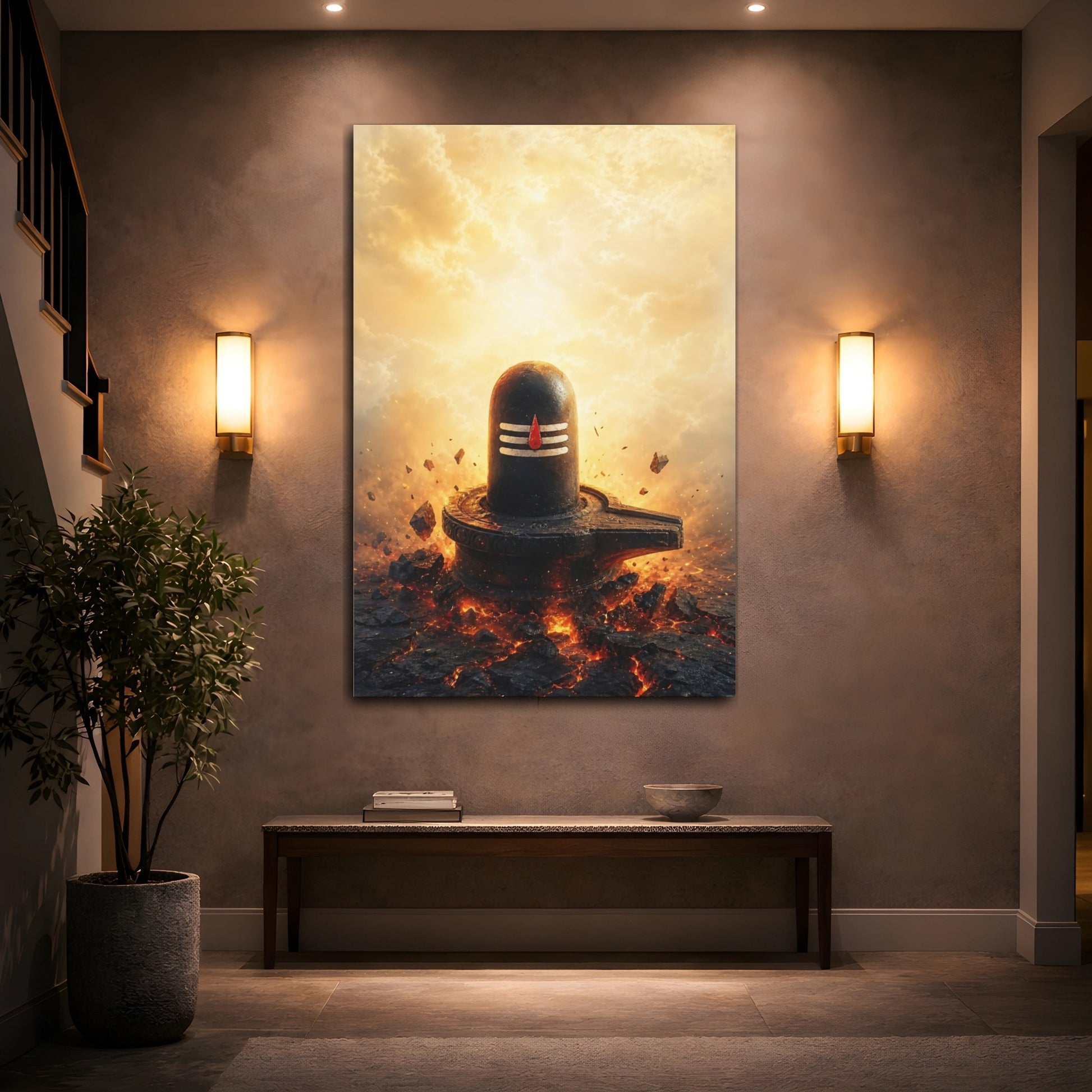 Mockup 2. Religious Shiva Lingam Black And Orange shown as stretched canvas wall art
