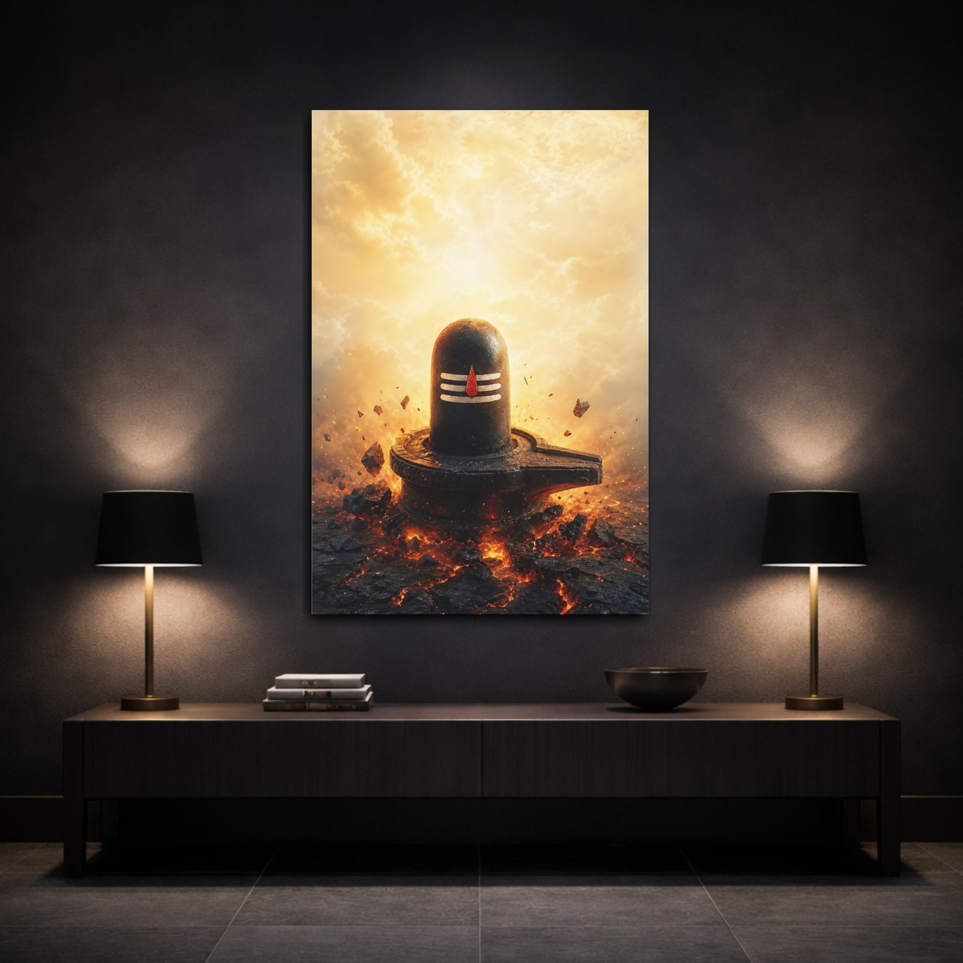 Mockup 3. Religious Shiva Lingam Black And Orange shown as stretched canvas wall art